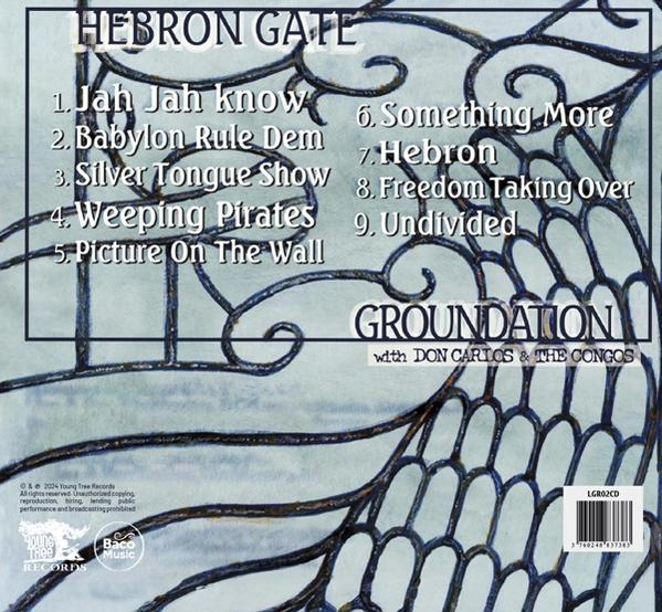 Albumcover mit Text: Hebron Gate, Groundation. Titelliste und ein Tor-Design.