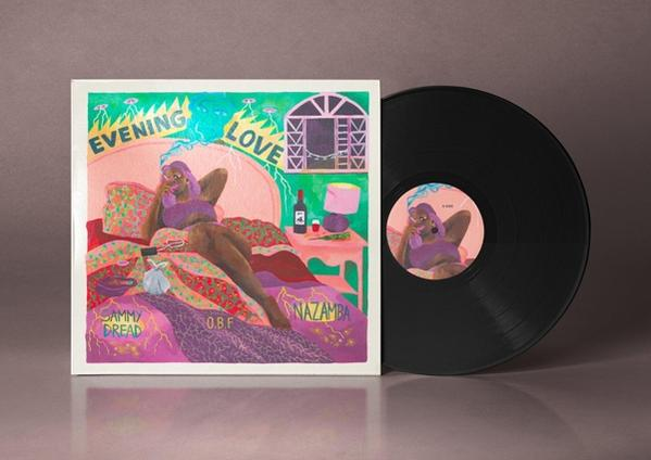 Albumcover mit einer Frau im Bett und einer Vinyl-Schallplatte. Text 'Evening Love' und Künstlernamen sind sichtbar.
