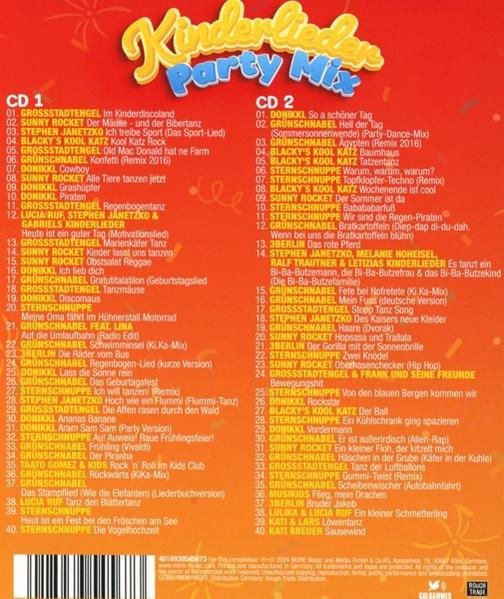 CD-Hülle mit Text: Kinderlieder Party Mix, Liste der Songs in deutscher Sprache.