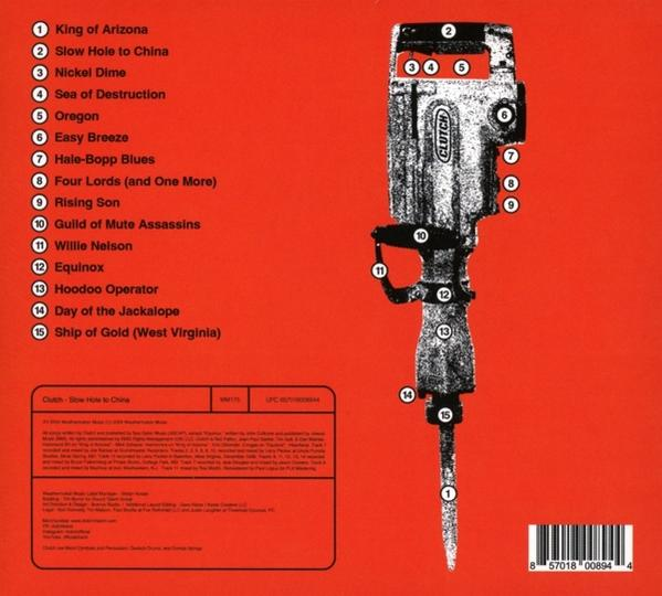 Album-Rückseite, roter Hintergrund mit Bohrmaschine und Trackliste.