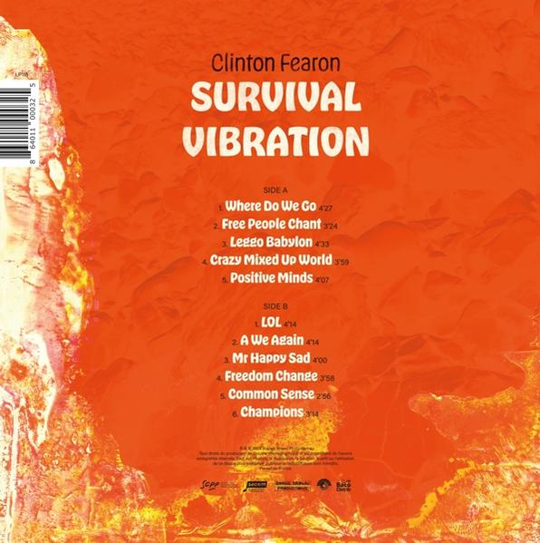 Orangener Album-Cover mit Text: 'SURVIVAL VIBRATION' von Clinton Fearon.