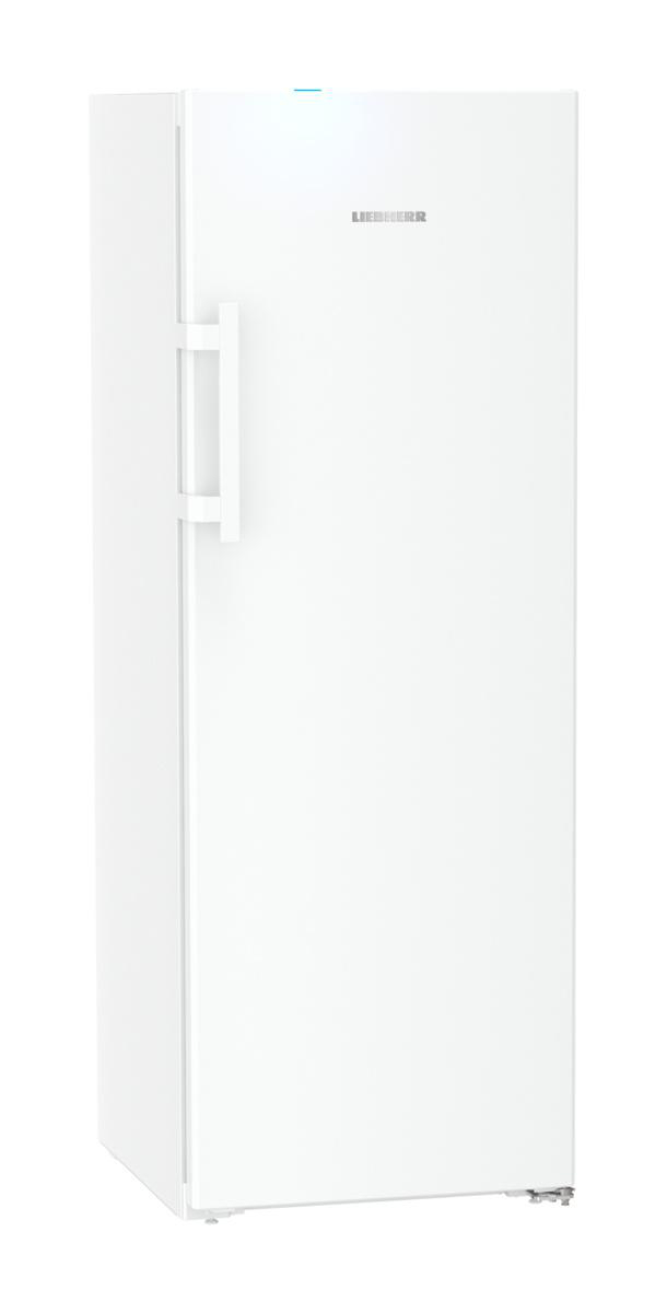 Weißer Kühlschrank mit Griff links, aufrecht stehend.