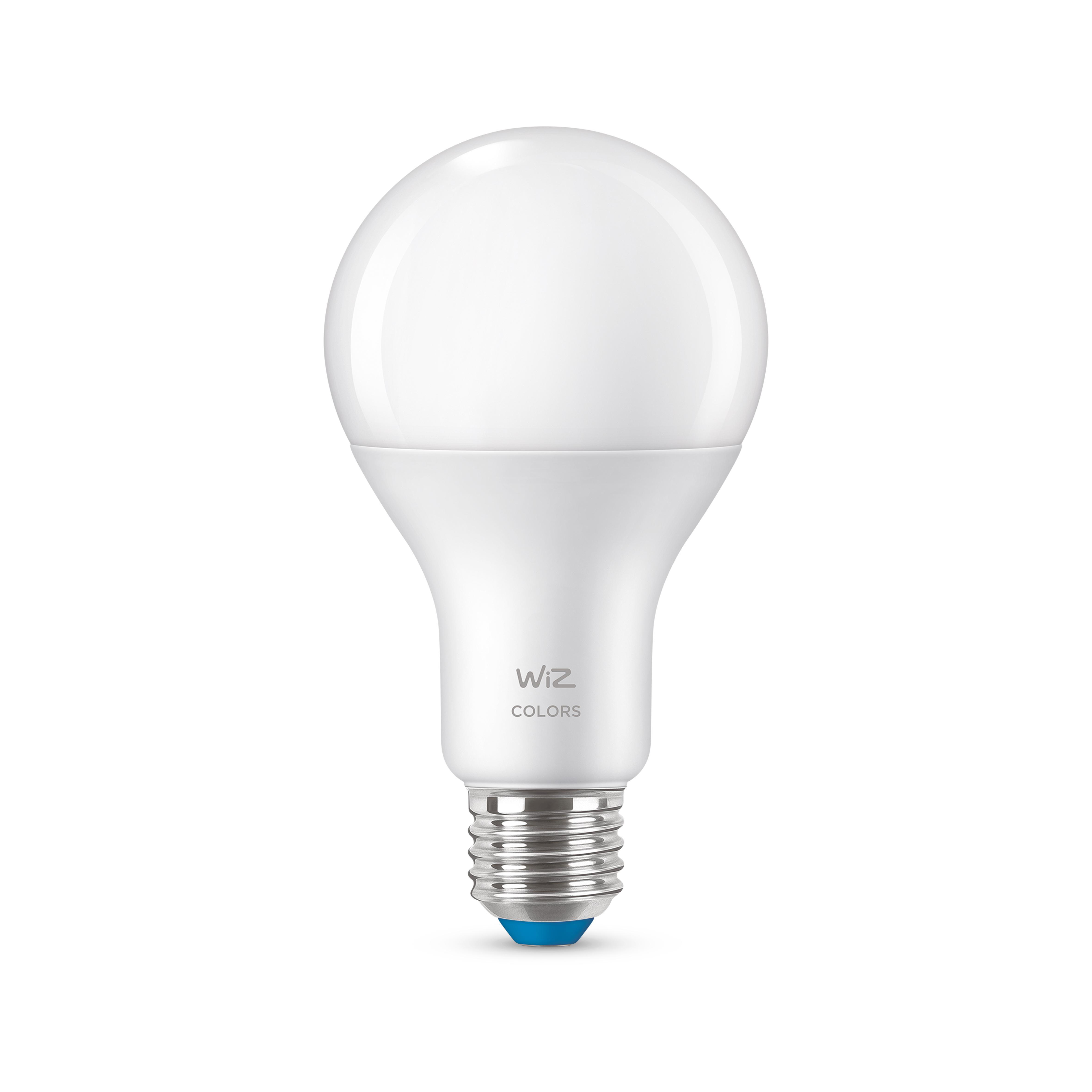 Weiße, birnenförmige Glühbirne mit blauem Sockel. Das Etikett 'WiZ COLORS' ist auf der Glühbirne aufgedruckt.