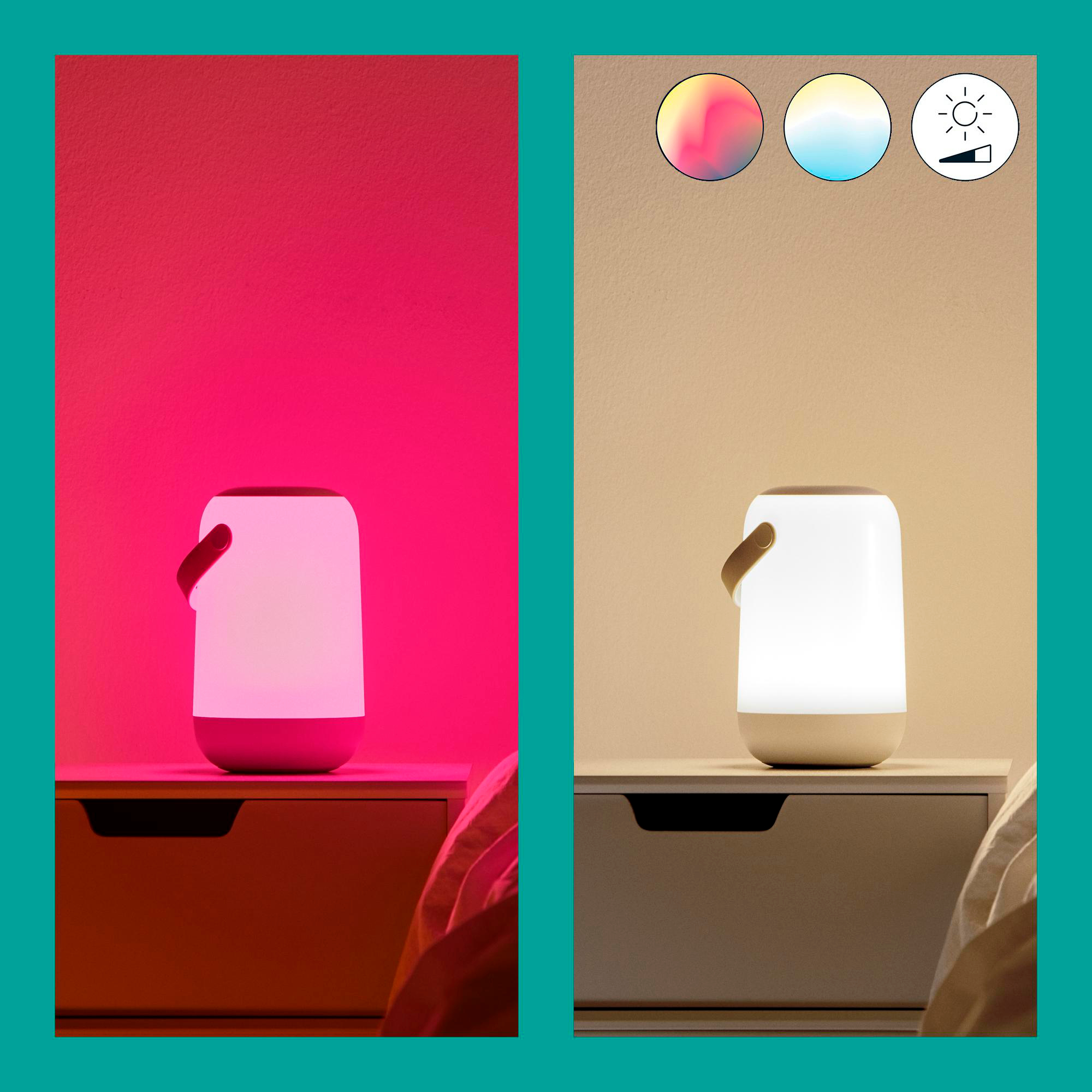 Eine Nachttischlampe auf einem Nachttisch. Links: rotes Leuchten. Rechts: beiger Hintergrund mit Lampenoptionen. Lampe hat Griff.