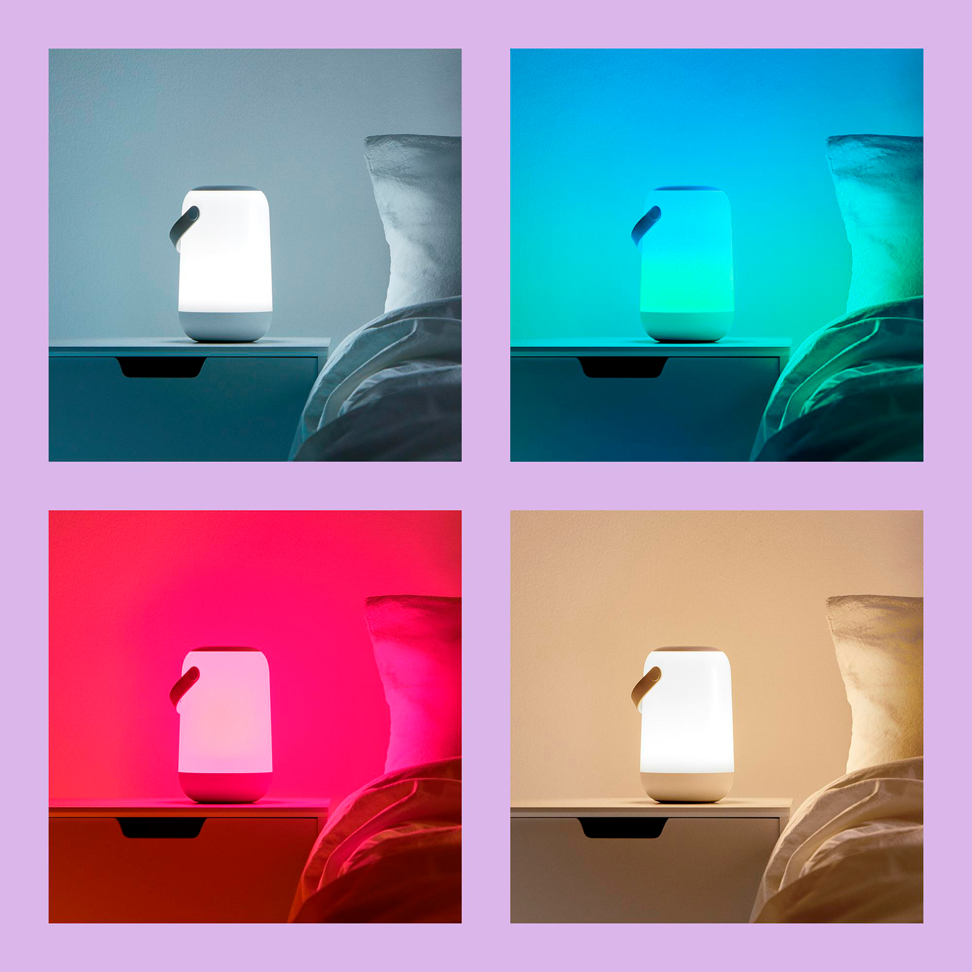 Vier Bilder einer Nachttischlampe mit unterschiedlich farbigem Licht. Die Lampe steht auf einem Nachttisch neben einem Bett.