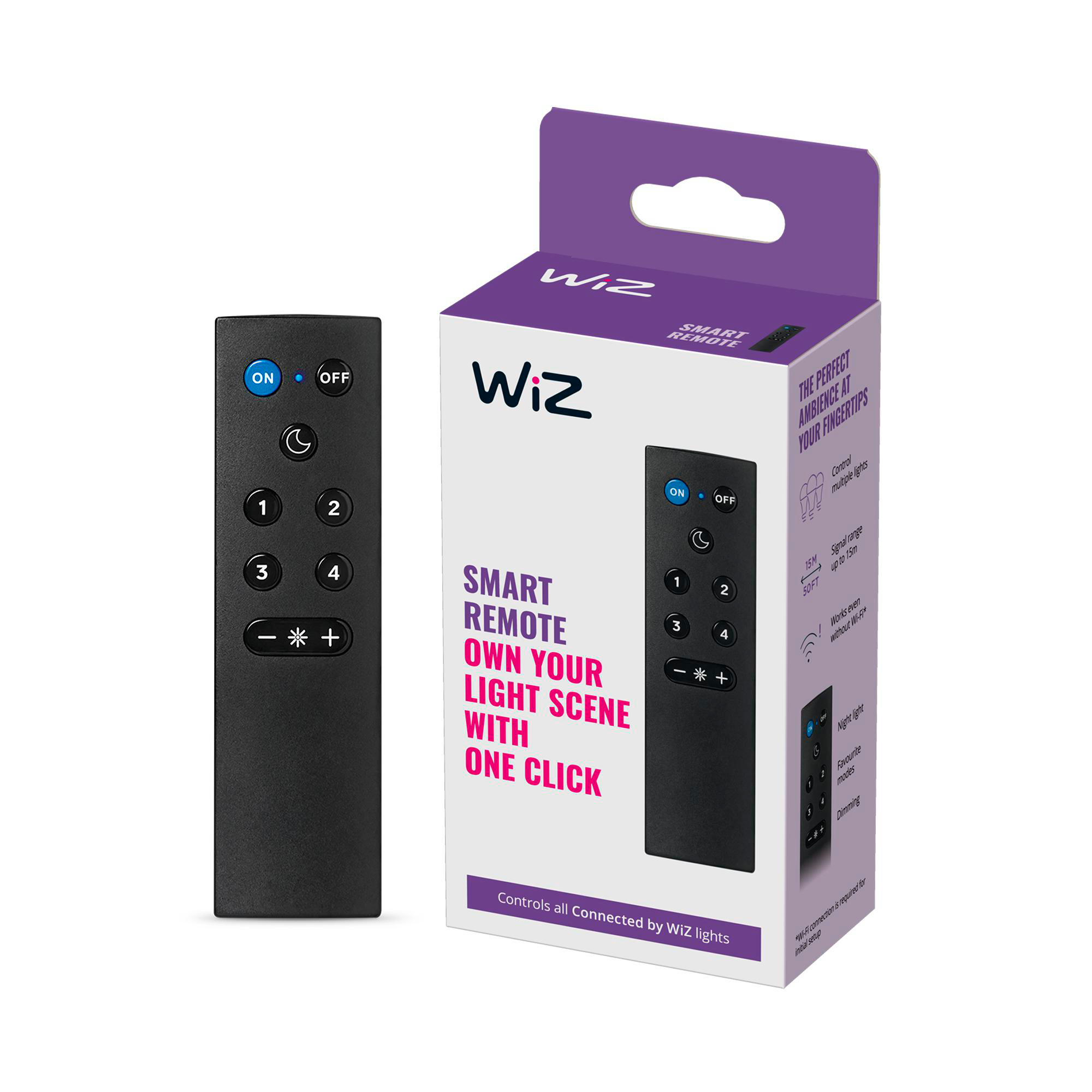 Schwarze WiZ Smart-Fernbedienung und Box, mit Steuerelementen und Text.