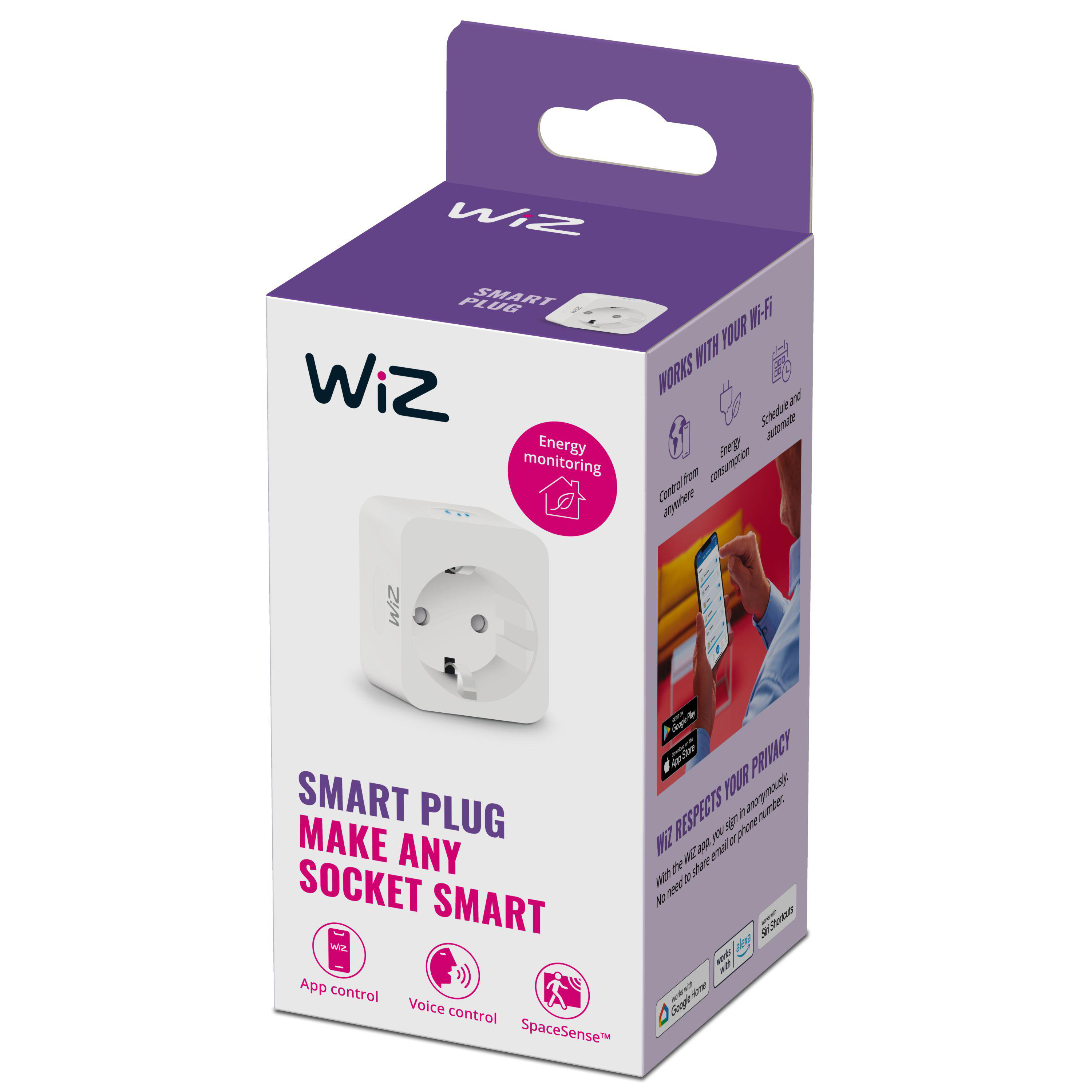 Eine weiße und violette Wiz Smart Plug Box, mit einem Smart Plug darin, und Text über Wi-Fi und Datenschutz.