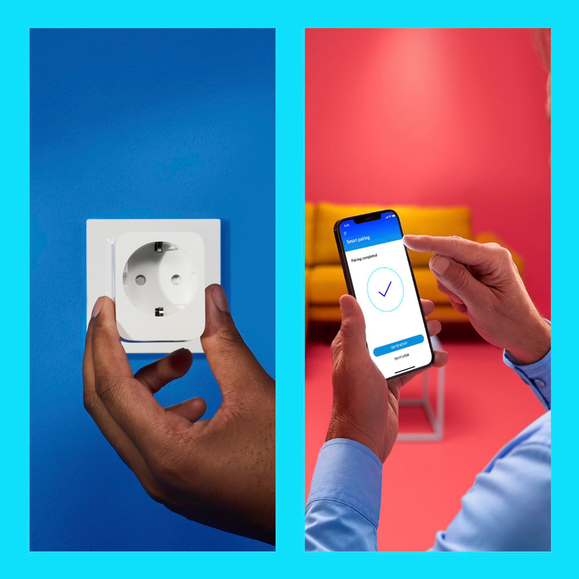 Hände installieren einen Smart Plug und benutzen ein Telefon mit Häkchen.