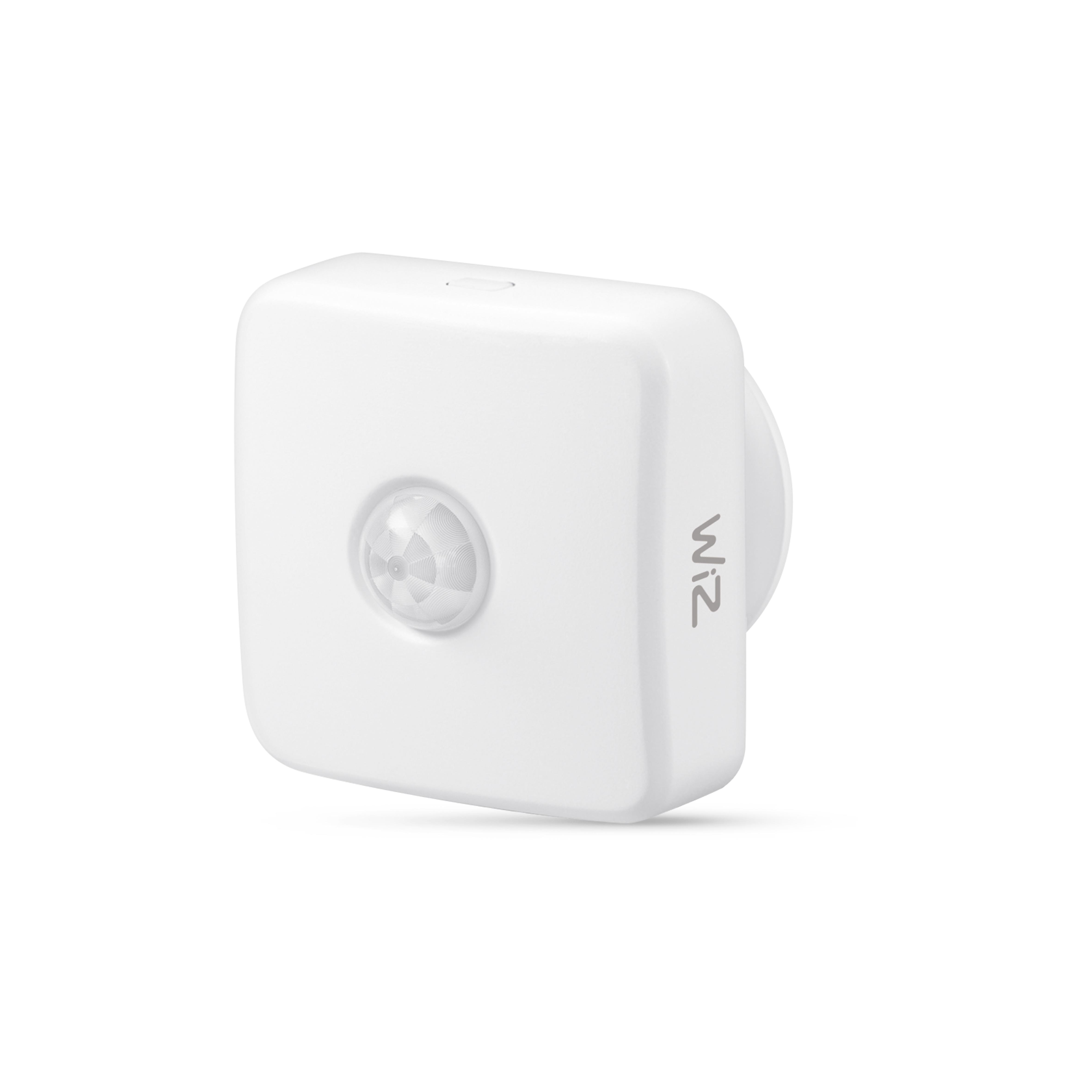 Weißes quadratisches Smart-Sensor-Gerät. Das Gerät hat einen runden Sensor und ein Wiz-Logo.
