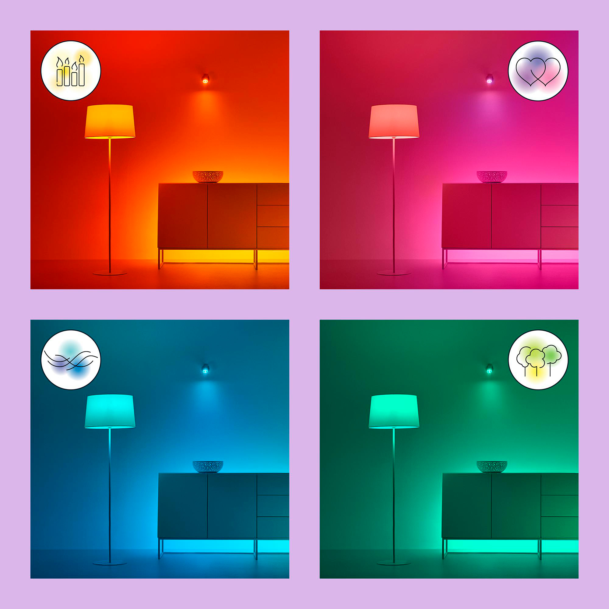 Vier Bilder mit unterschiedlicher farbiger Beleuchtung von einer Stehlampe. Jede Szene hat eine Lampe und Möbel.