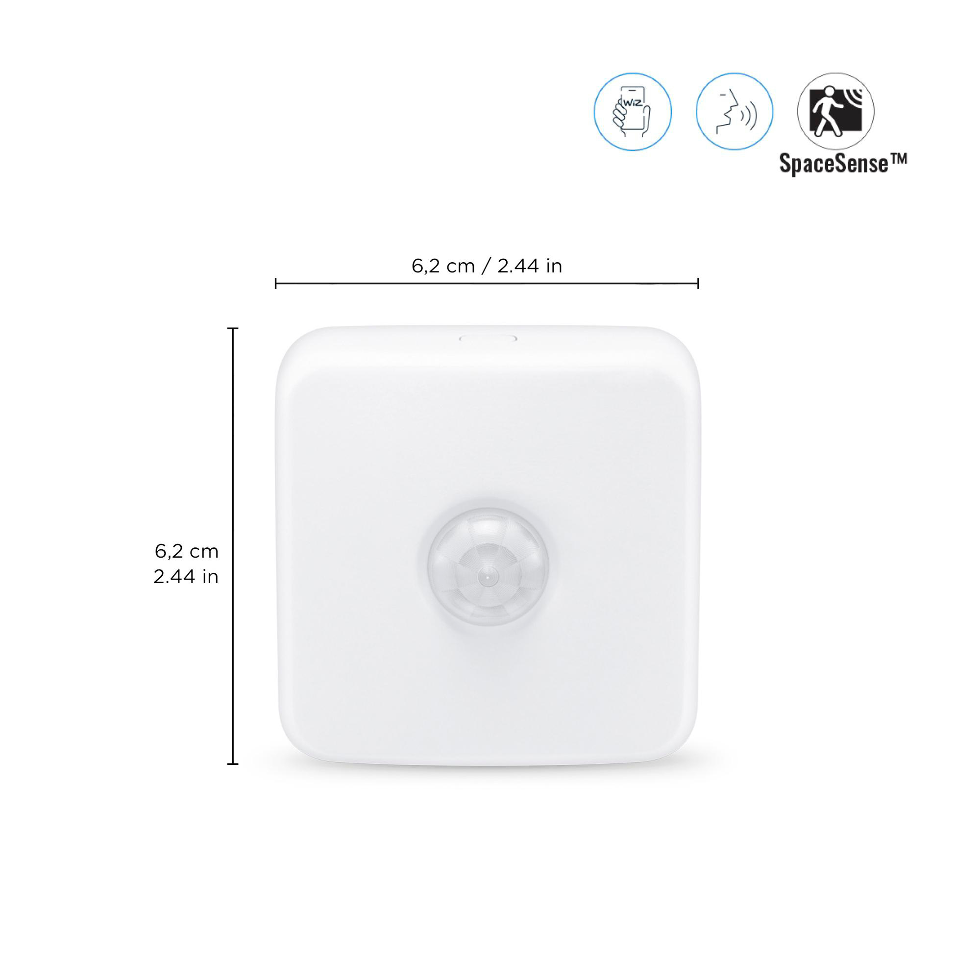 Ein weißer quadratischer Sensor mit zentraler Linse und beschrifteten Abmessungen. Kleine Symbole und Text oben.