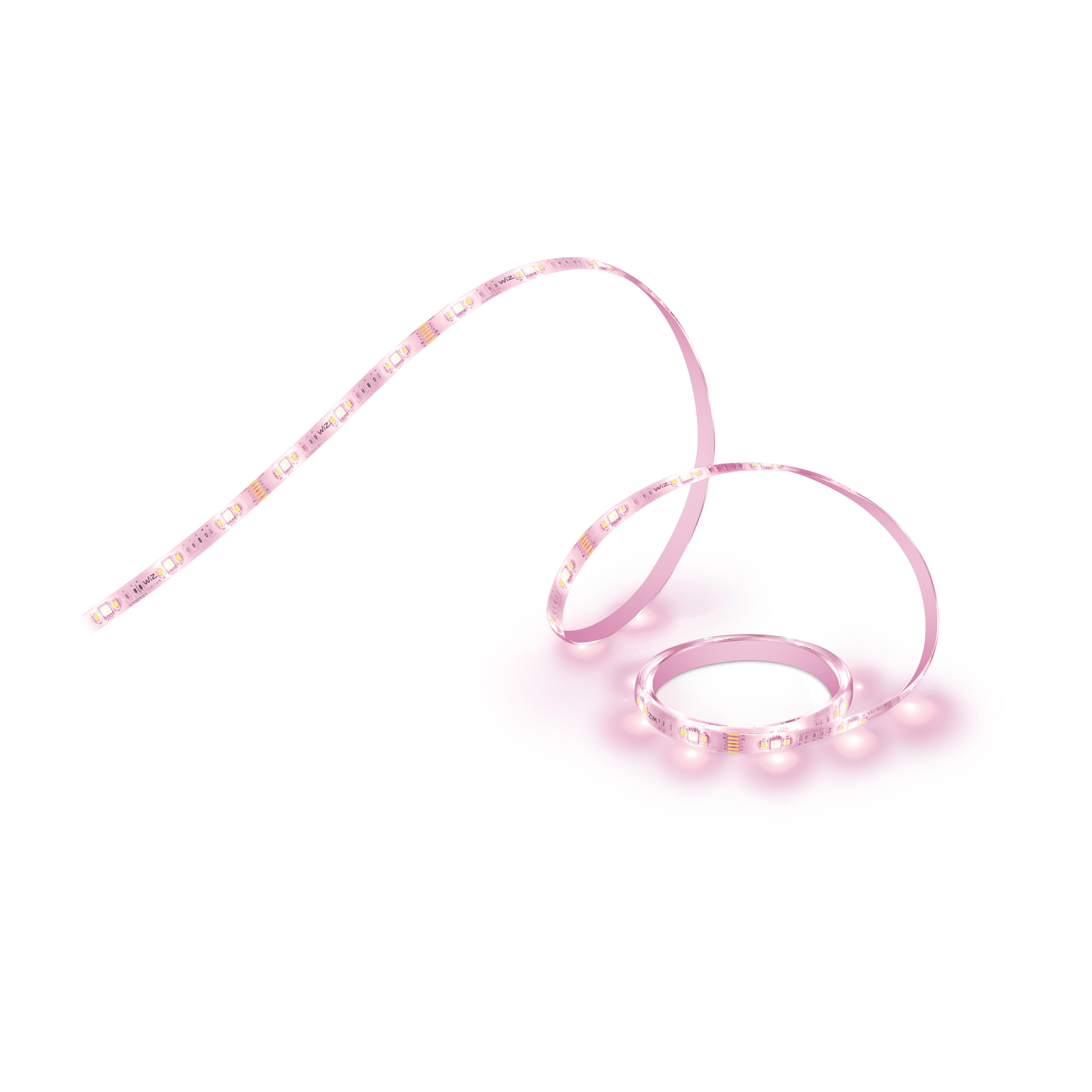 Ein rosa LED-Lichtband in Spiralform auf weißem Hintergrund.