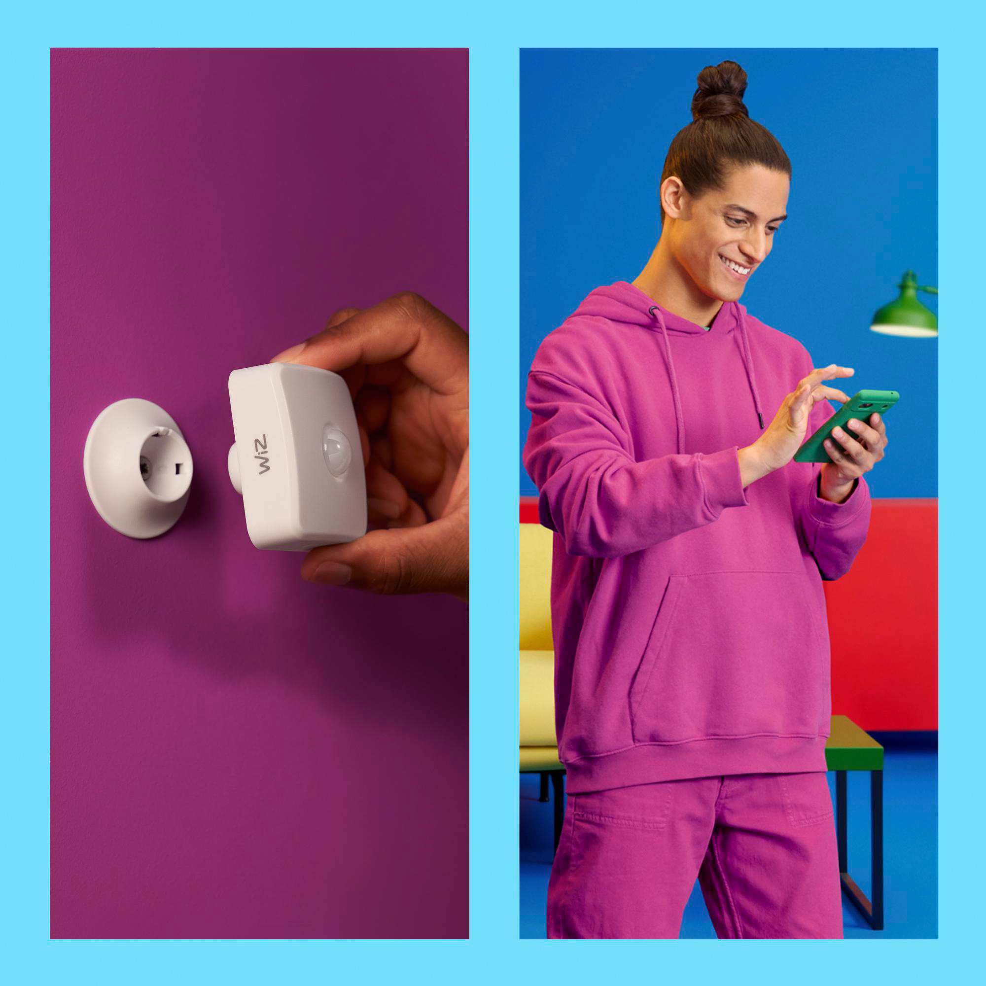 Zwei Bilder: eine Person mit Smart-Home-Gerät und ein Wandstecker.