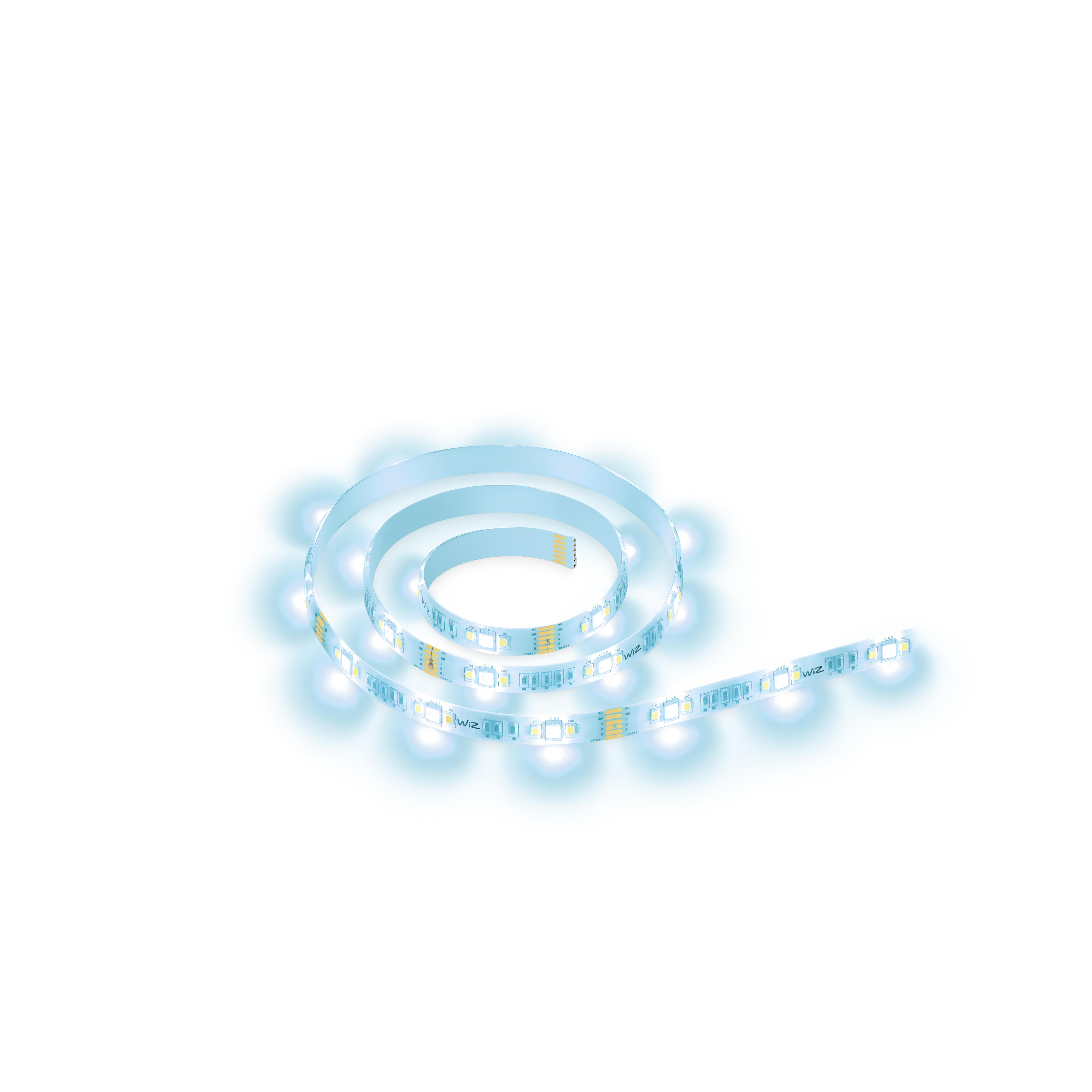 Eine gewickelte Leiste blauer LED-Leuchten auf weißem Hintergrund.