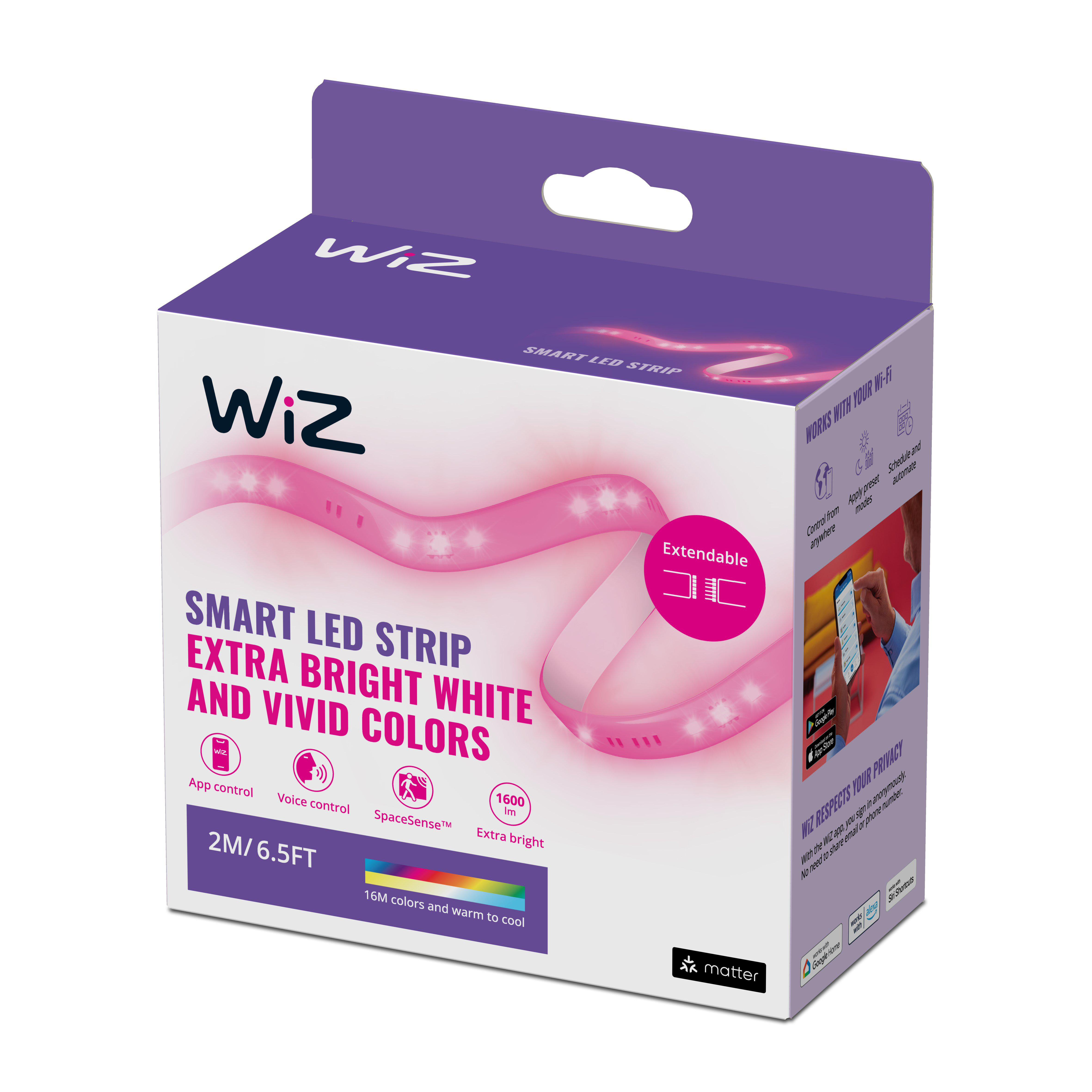 Eine WiZ Smart LED Strip Box, rosa und weiß, zeigt das Produkt und seine Funktionen.