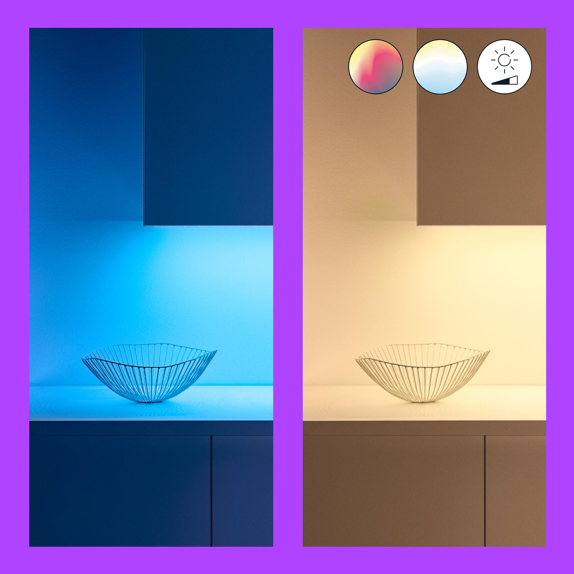 Zwei Bilder. Links: Blaues Licht auf einem Schrank. Rechts: Beiges Licht auf demselben Schrank. Lichteinstellungen.