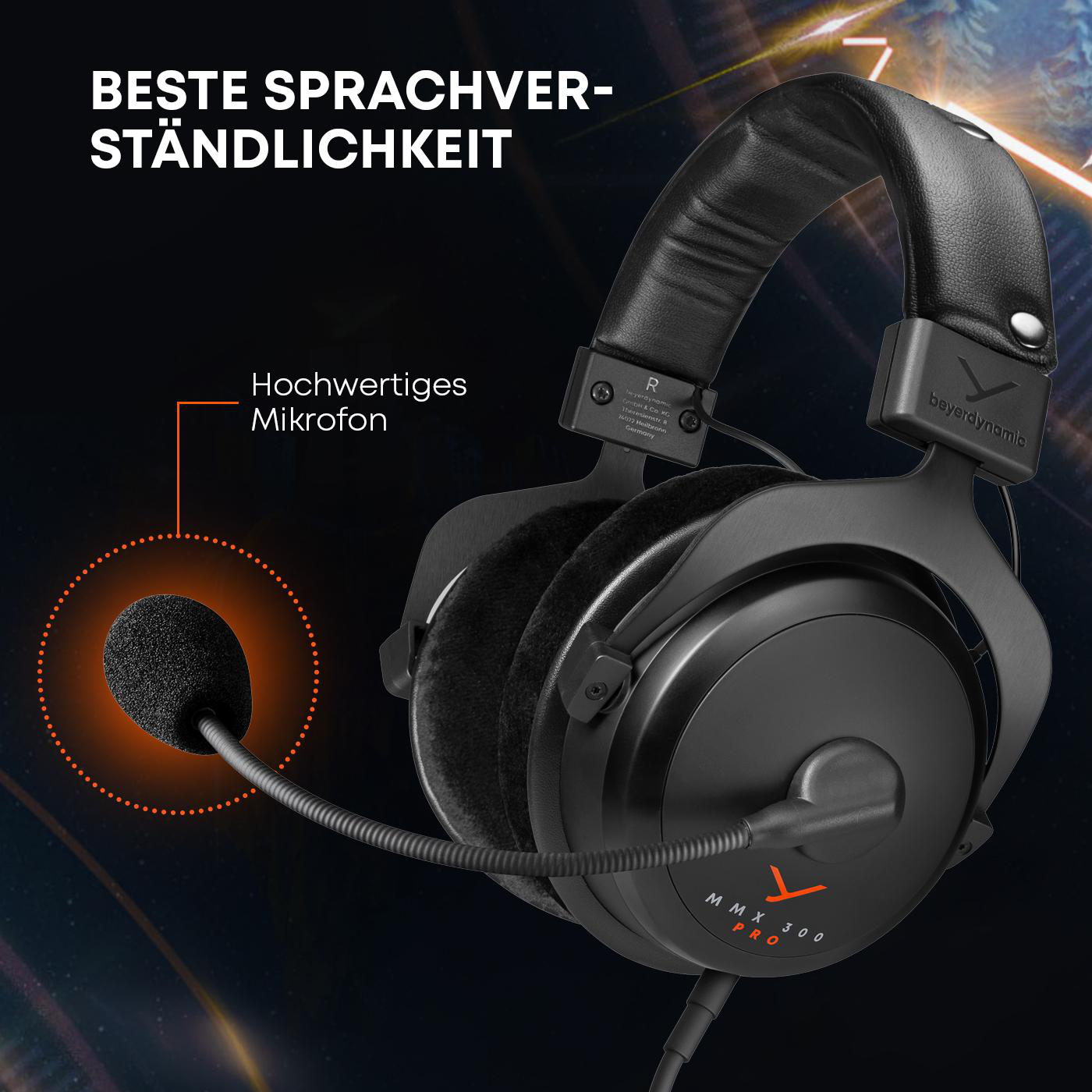 Schwarzes Headset mit Mikrofon, auf schwarzem Hintergrund. Text: beste Sprachverständlichkeit.
