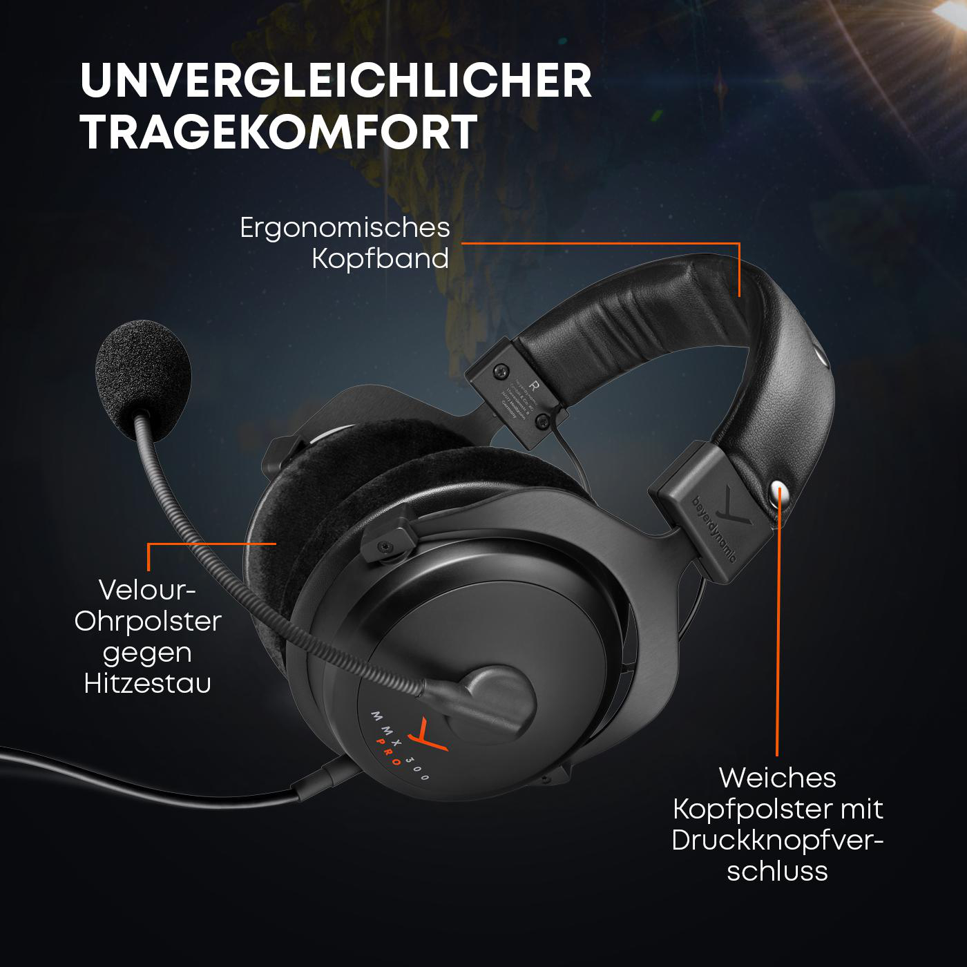 Headset mit Mikrofon, schwarz und orange, mit Text über Komfort und Eigenschaften.