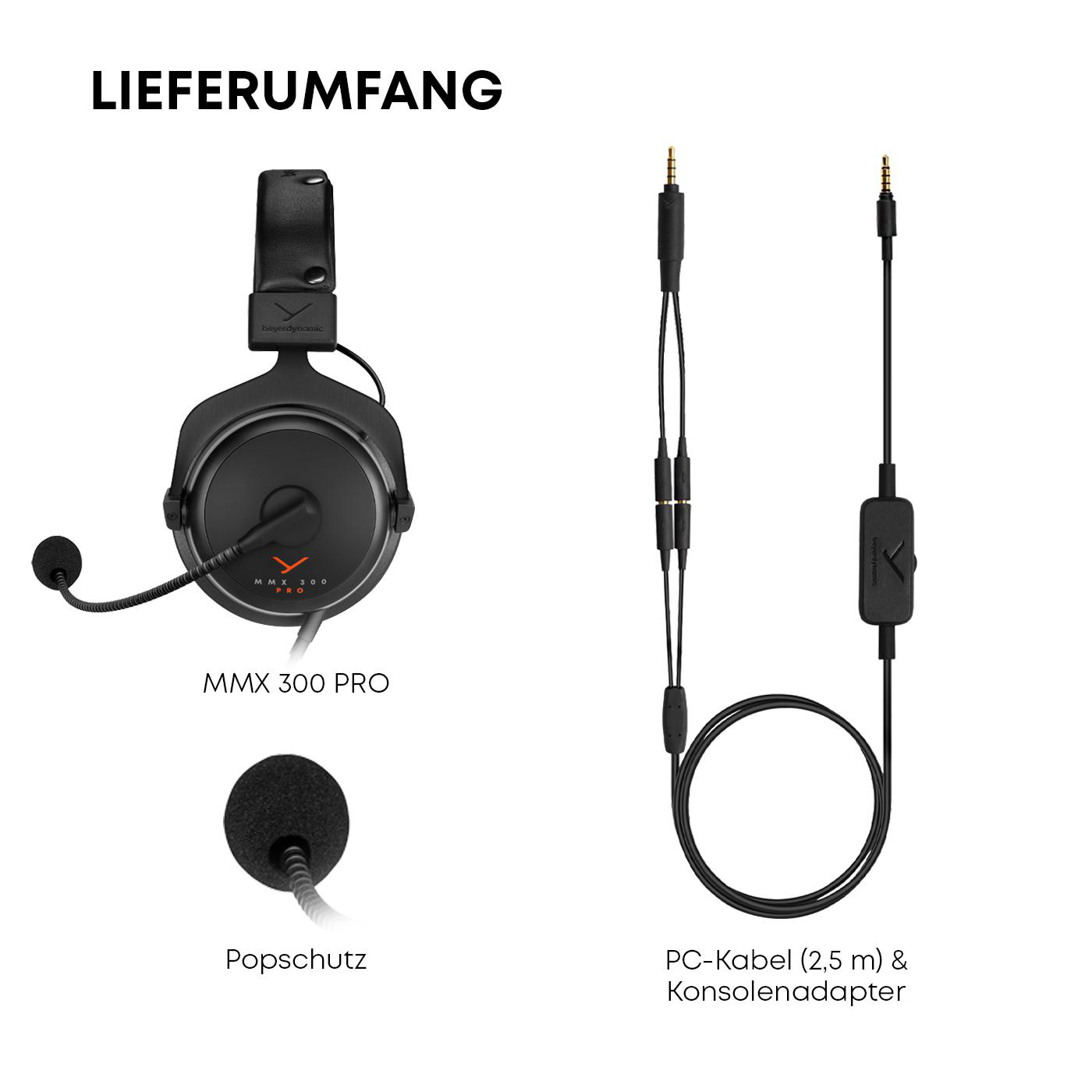 Schwarzes Headset und Kabel mit Etiketten, darunter "MMX 300 PRO" und "Popschutz".