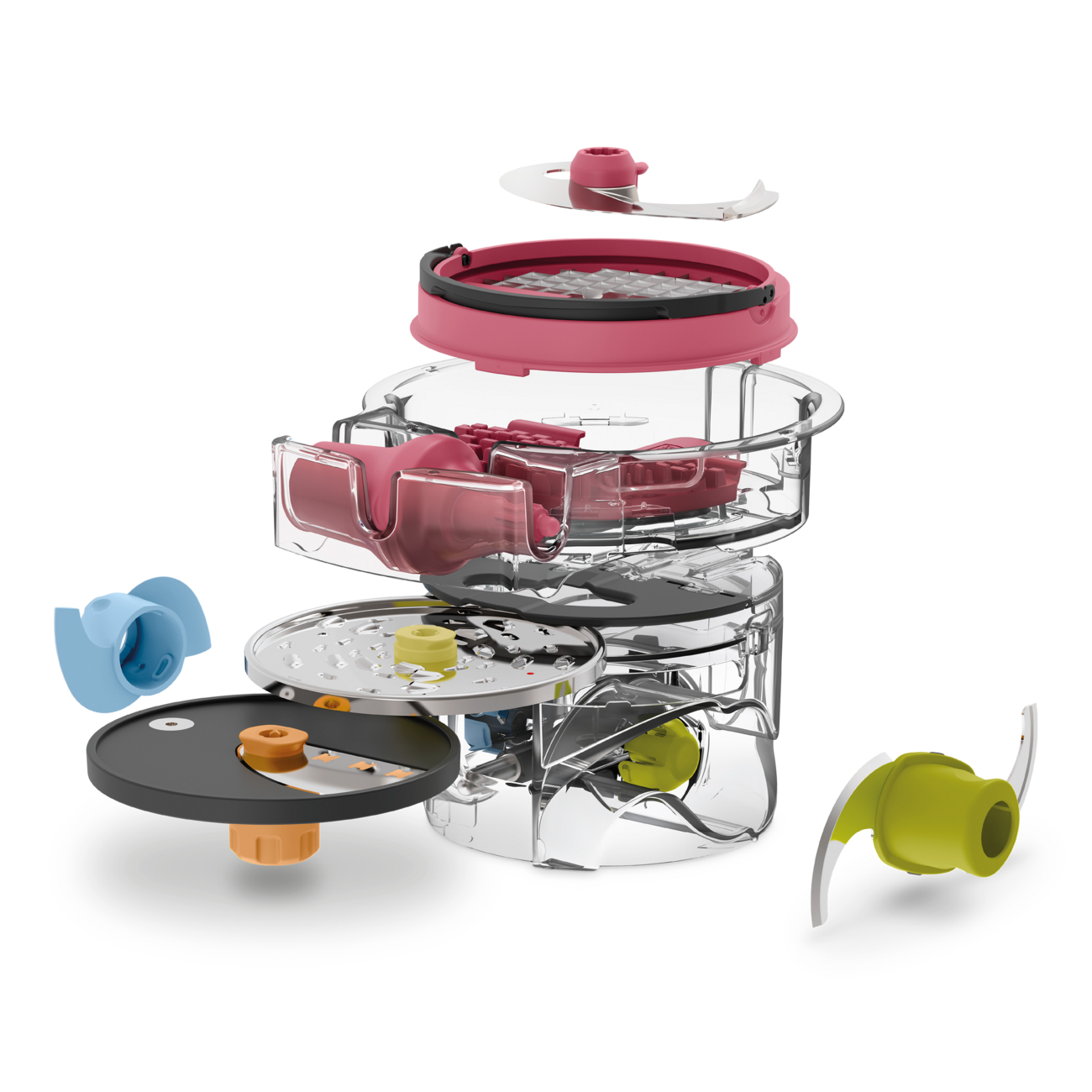 Explosionszeichnung eines Food-Processors mit Klingen, Behälter und verschiedenen Teilen.