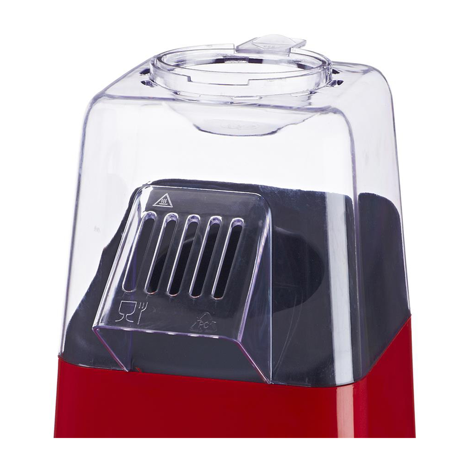 Una macchina per popcorn rossa e nera con coperchio in plastica trasparente.