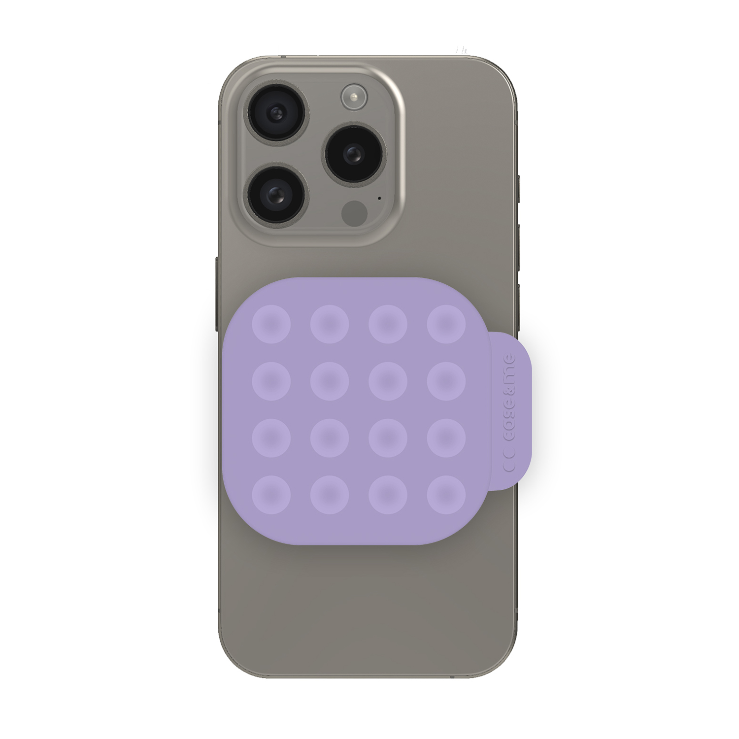 Un telefono con una cover posteriore viola in stile pop-it.
