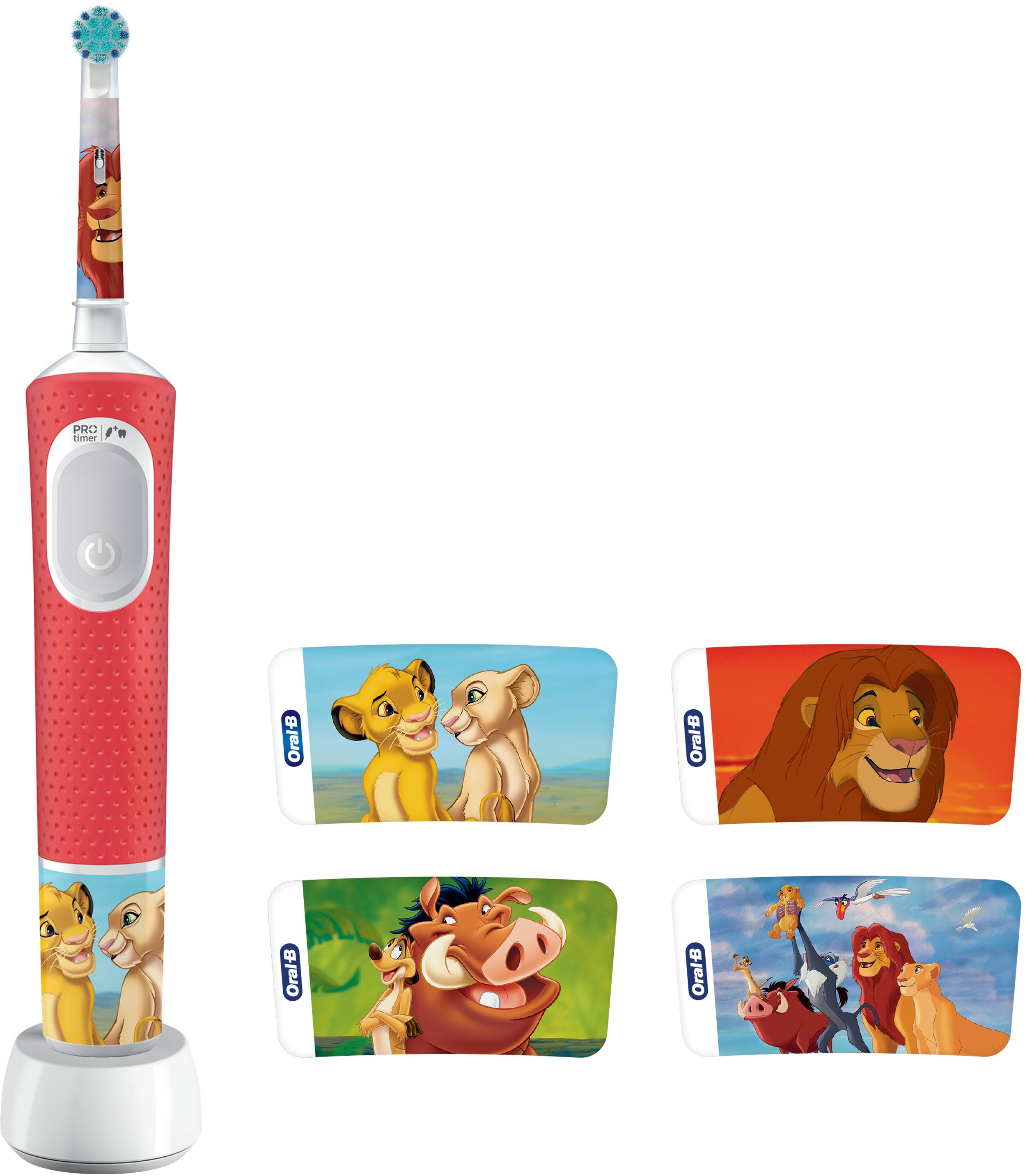 Spazzolino elettrico rosso con disegni dei personaggi del Re Leone sulla testina e adesivi.