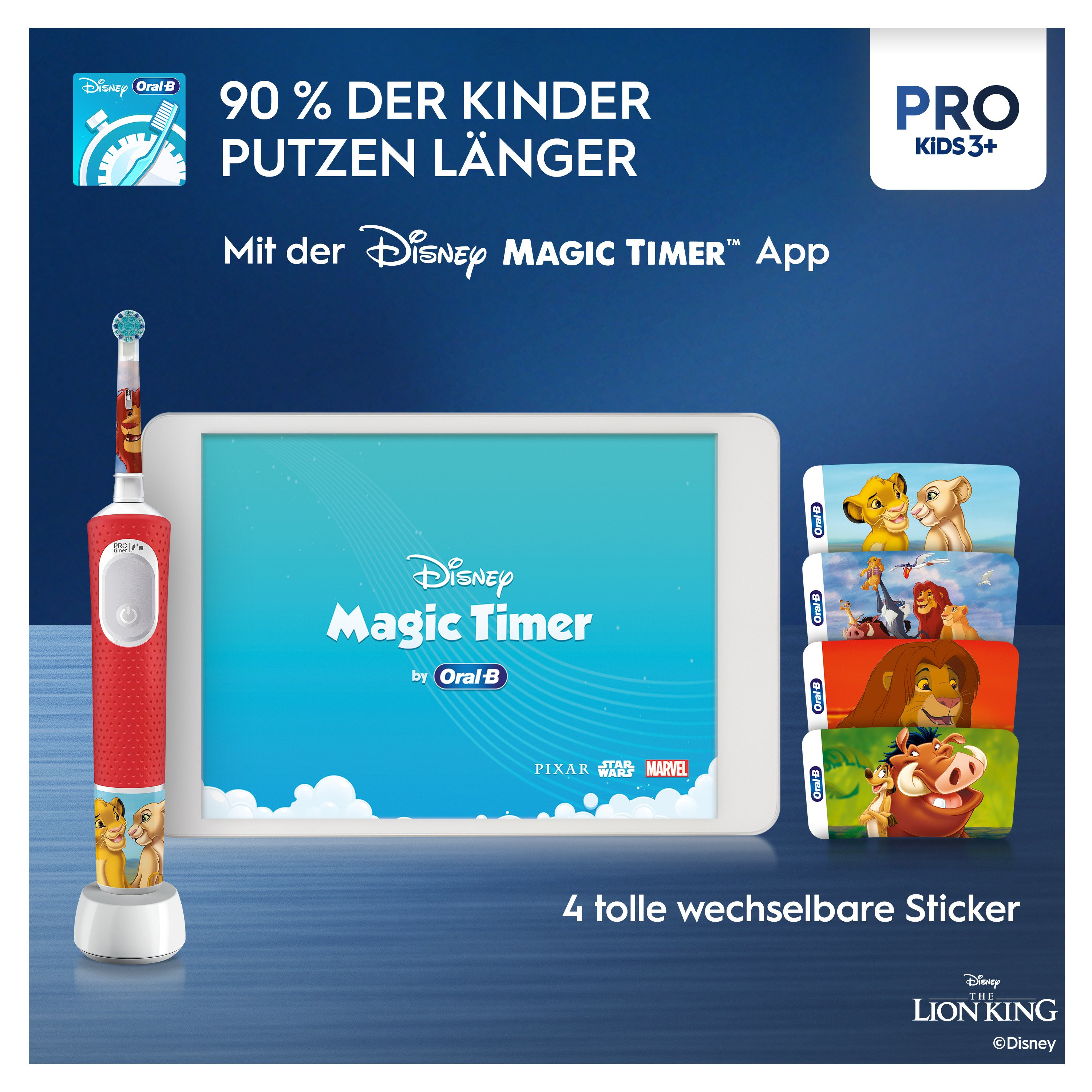 Uno spazzolino Oral-B con un tablet che mostra l'app Disney Magic Timer.