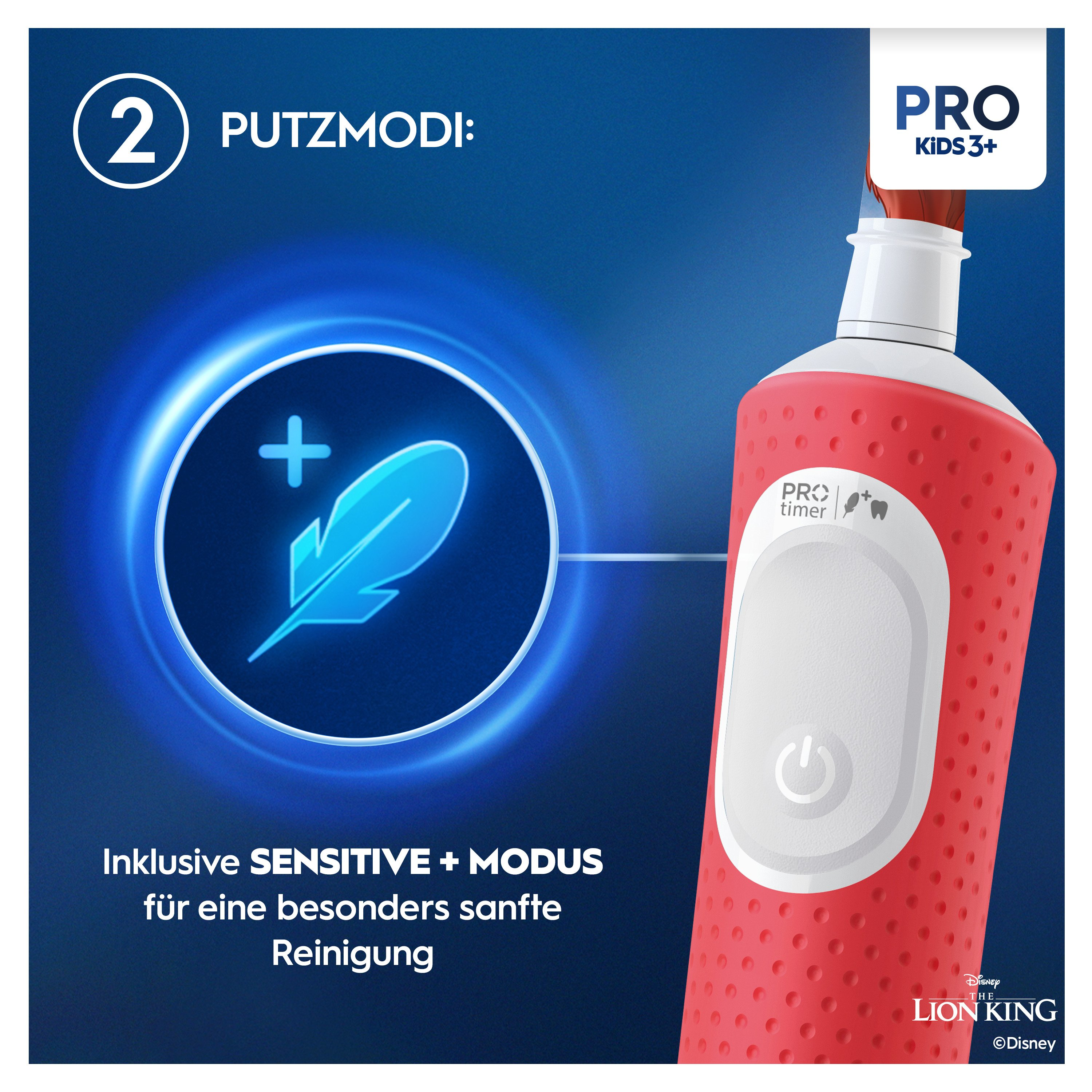 Spazzolino Oral-B rosso e bianco con icona piuma blu e scritta 'PRO KIDS 3+'.