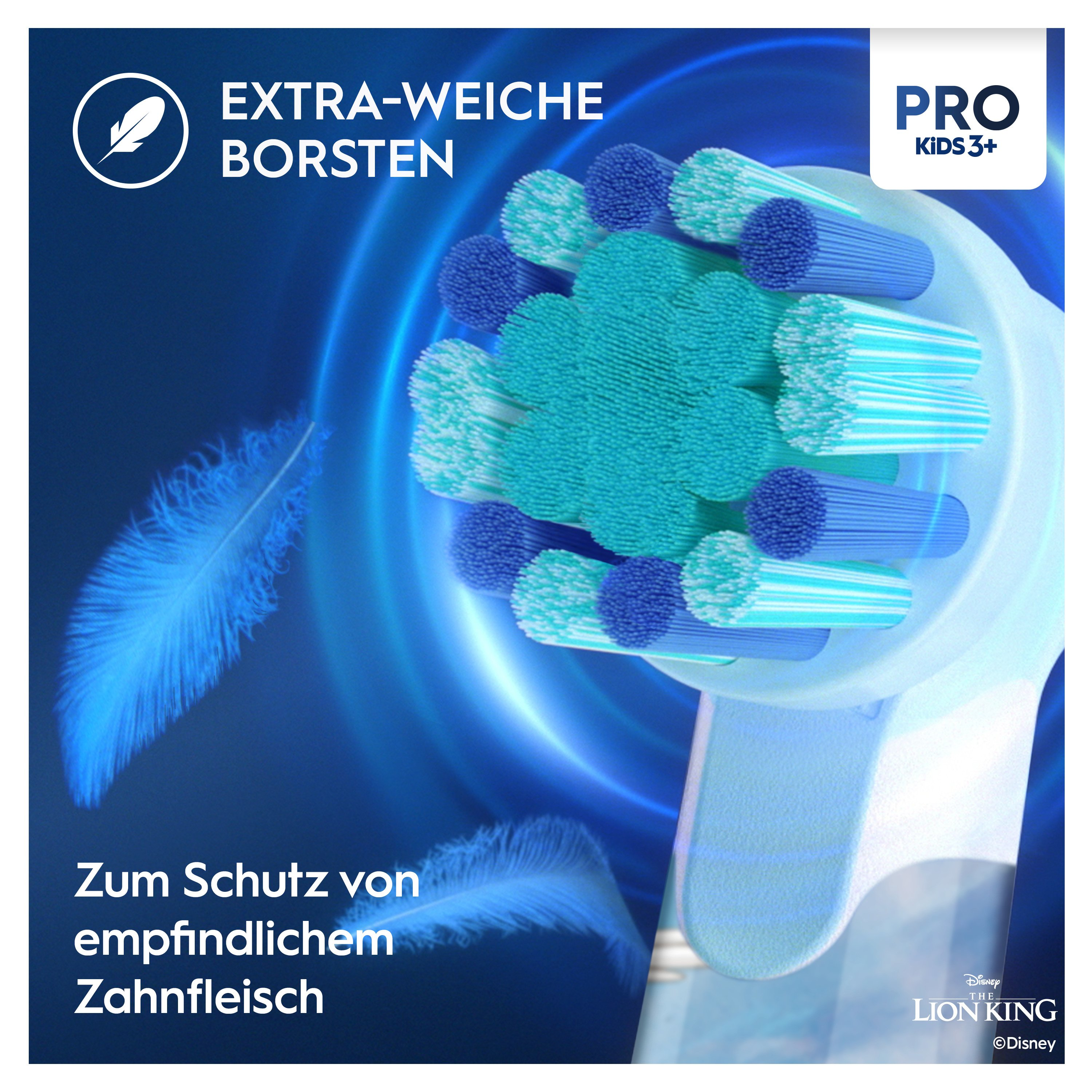 Un'immagine di una testina di spazzolino con setole morbide e una piuma. Il testo dice "Zum Schutz von empfindlichem Zahnfleisch".