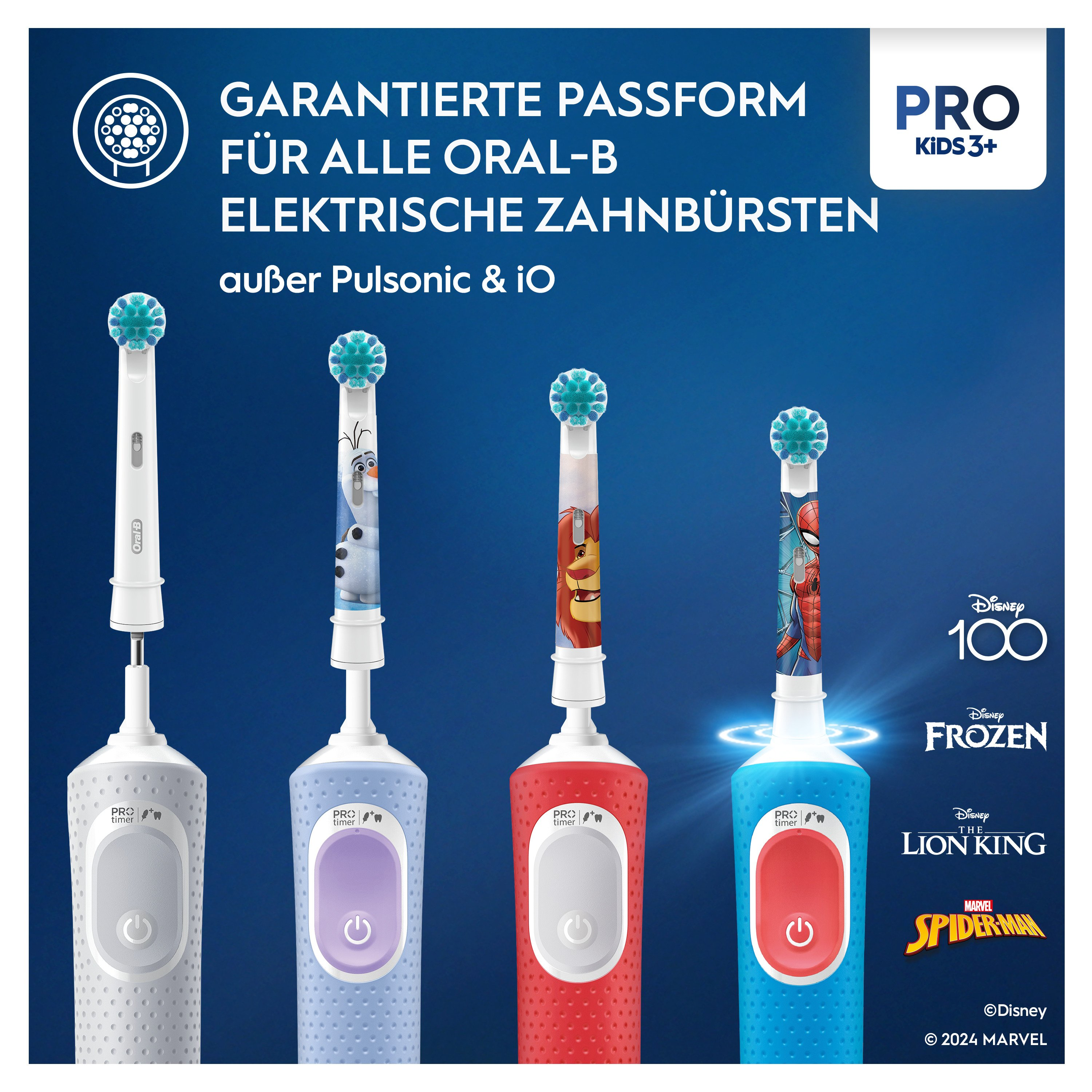 Quattro spazzolini elettrici Oral-B con design colorati e testo.