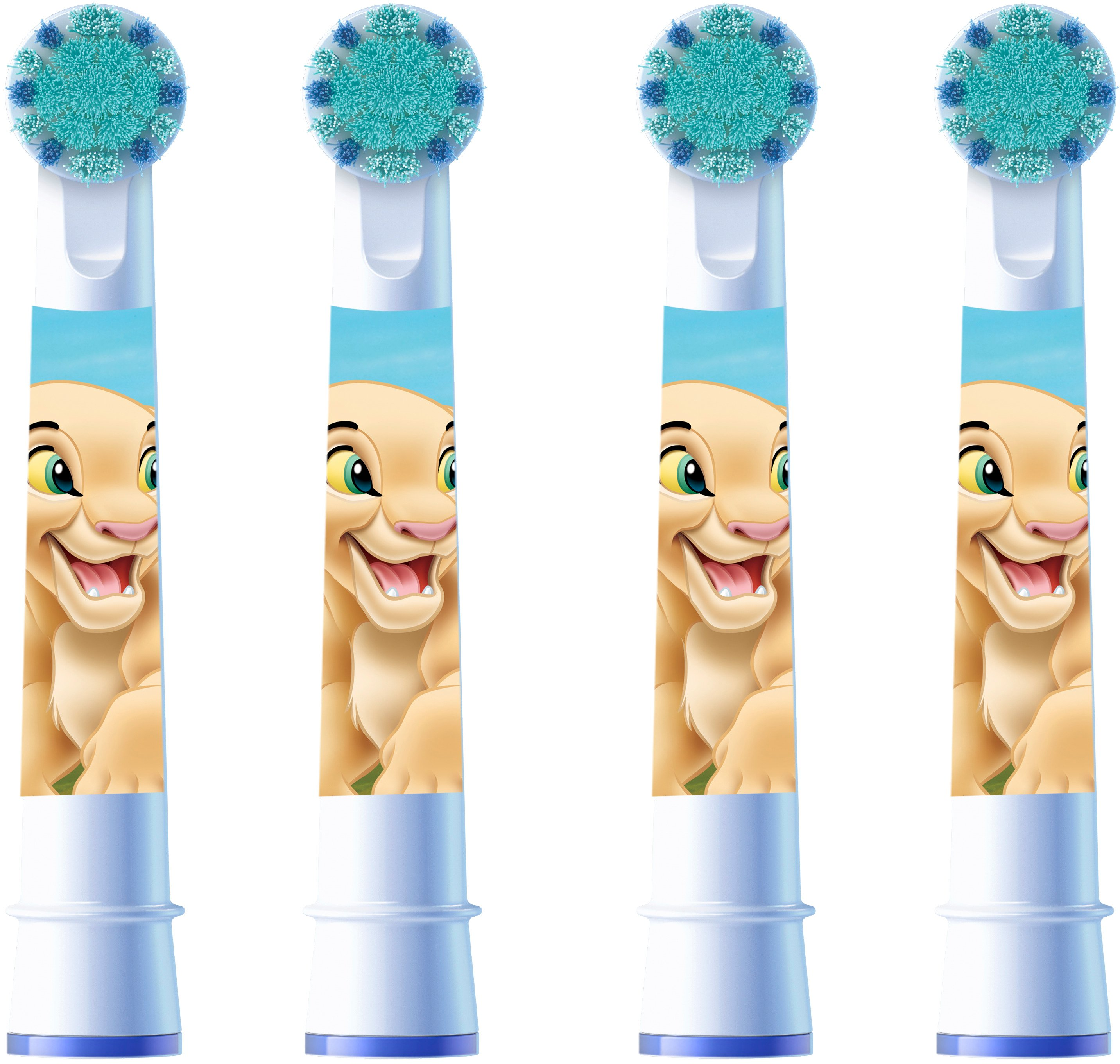 Vier Oral-B-Zahnbürstenköpfe mit Nala aus König der Löwen. Die Köpfe sind weiß und blau, Cartoon-Bild.