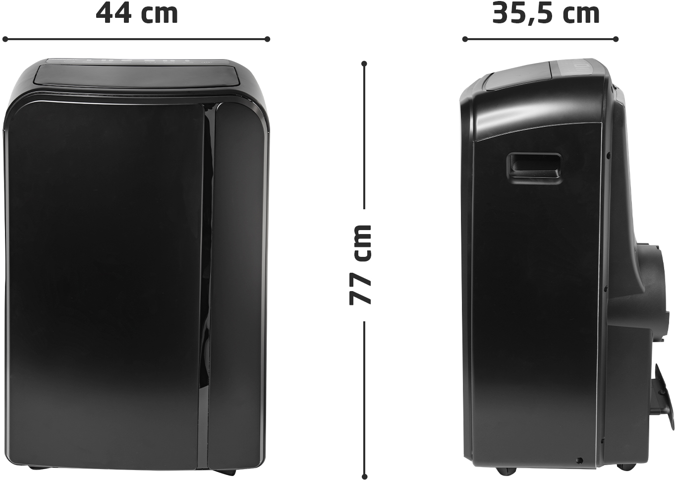 Fekete légkondi méretekkel. Elölnézet és oldalsó nézet, 44 cm és 35,5 cm méretekkel, 77 cm magasság.