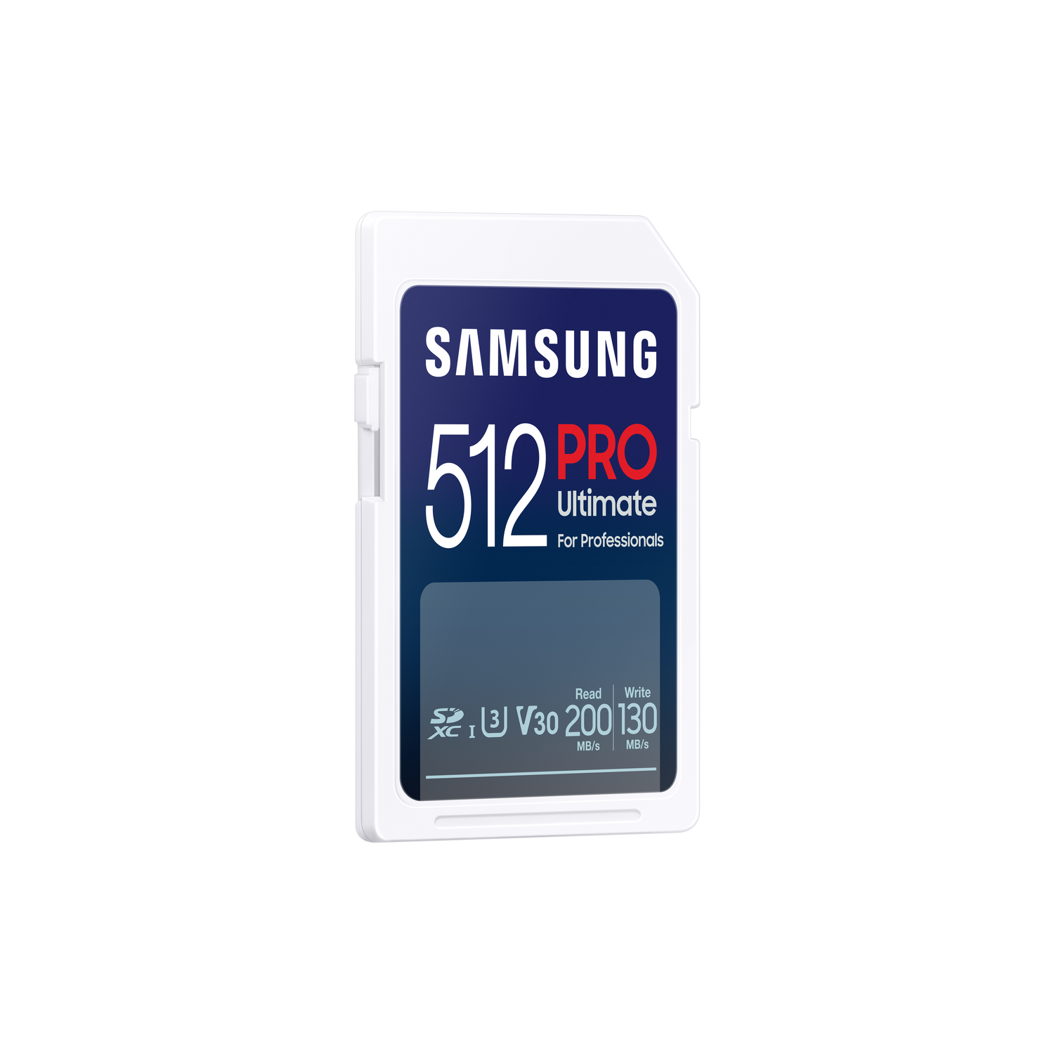 A white Samsung 512 Pro Ultimate SD card on a white background.