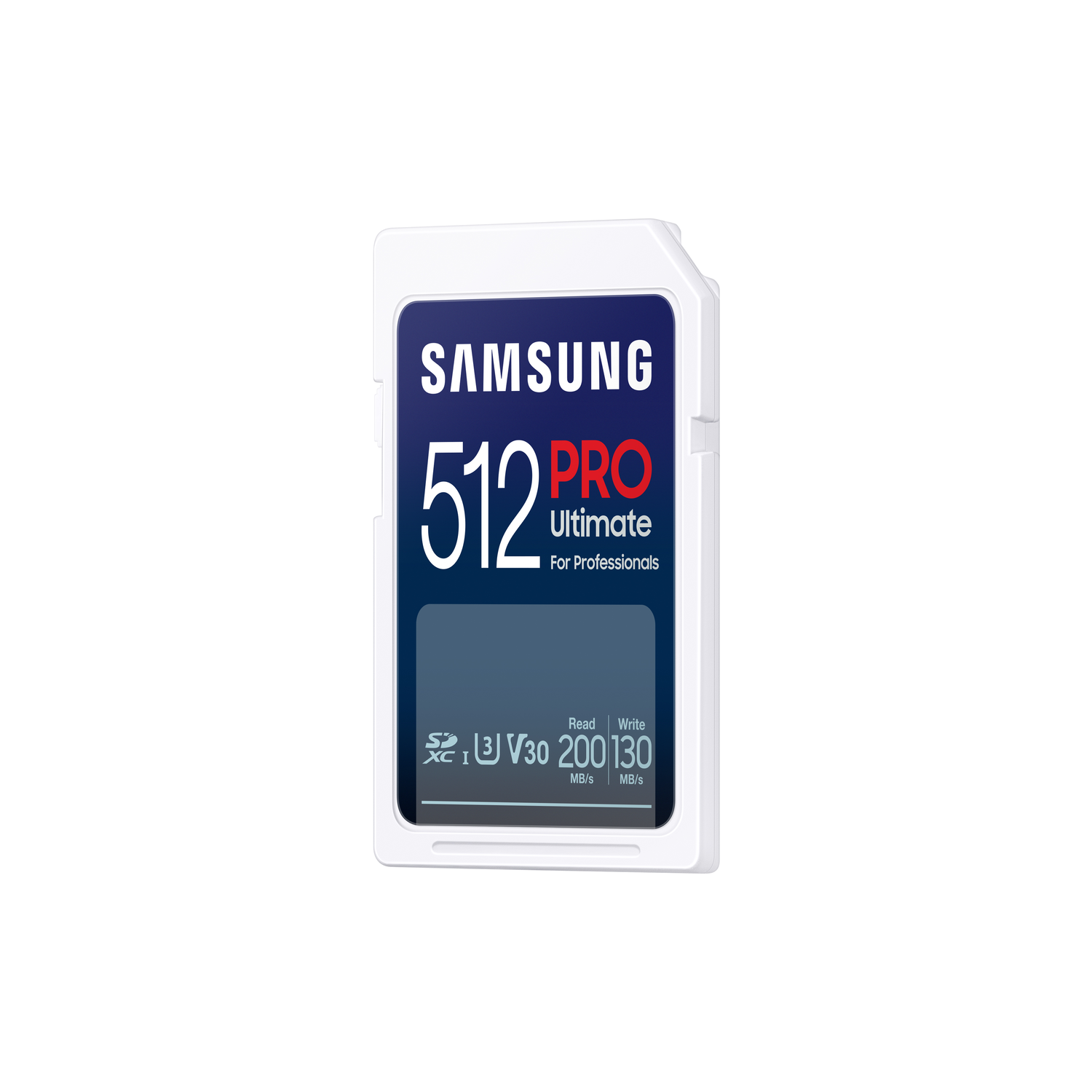 A white Samsung PRO 512GB memory card. The card has black and blue labels.