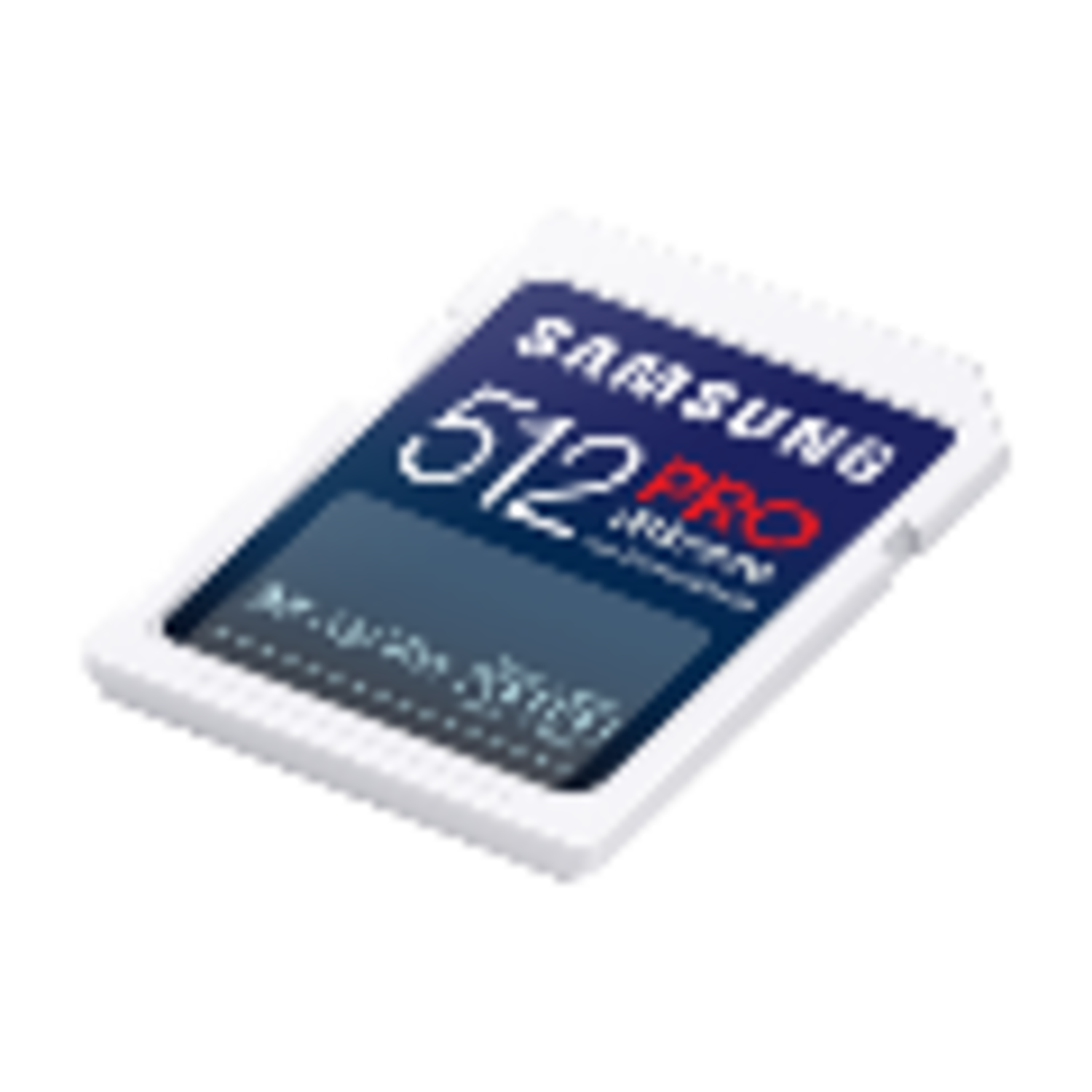 A 512 PRO SD card with blue and white labeling, sitting on a black background.