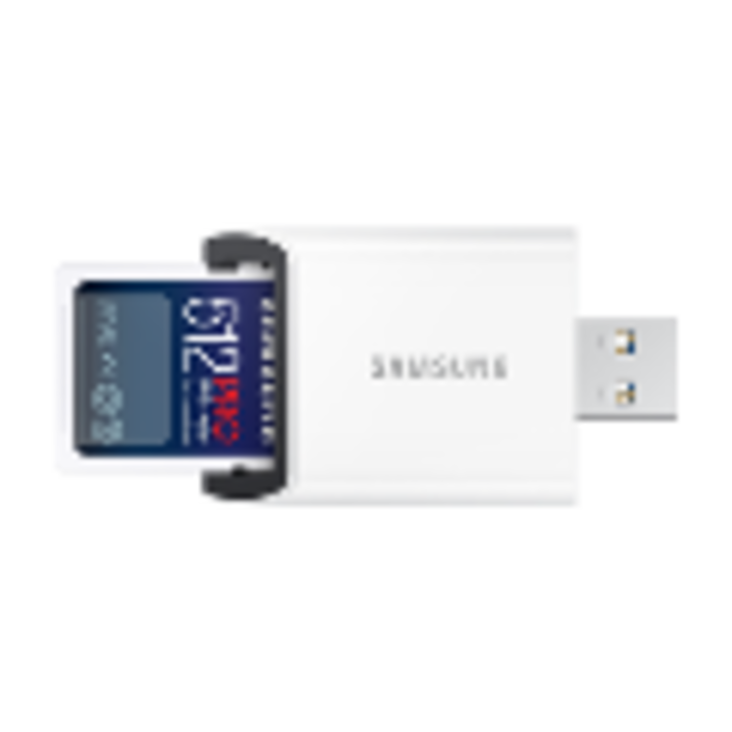 White Samsung SD card reader with an inserted SD card and a USB connector.