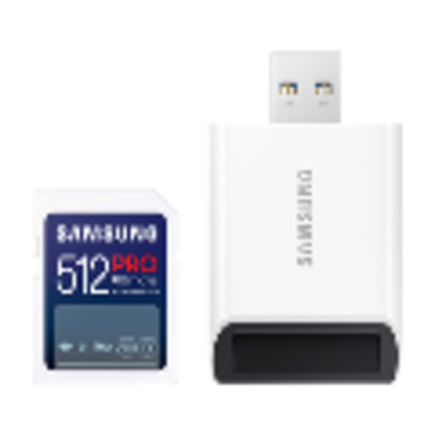 Samsung SD card and USB adapter, both in black and white.