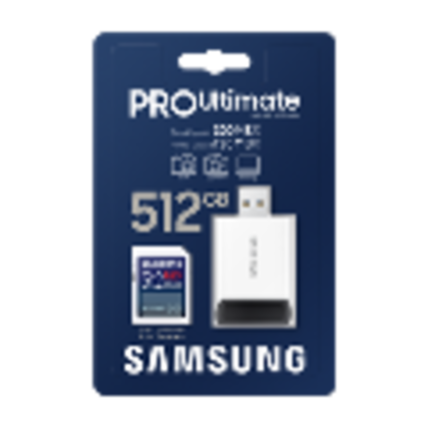 A blue Samsung card and a white USB drive in a blue package with text.
