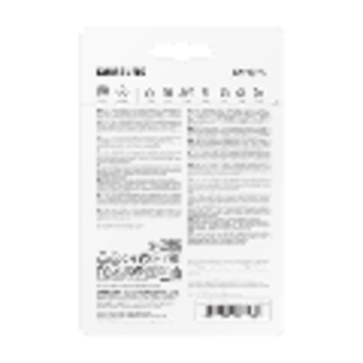 A black and white product package, with various text and symbols printed on it.