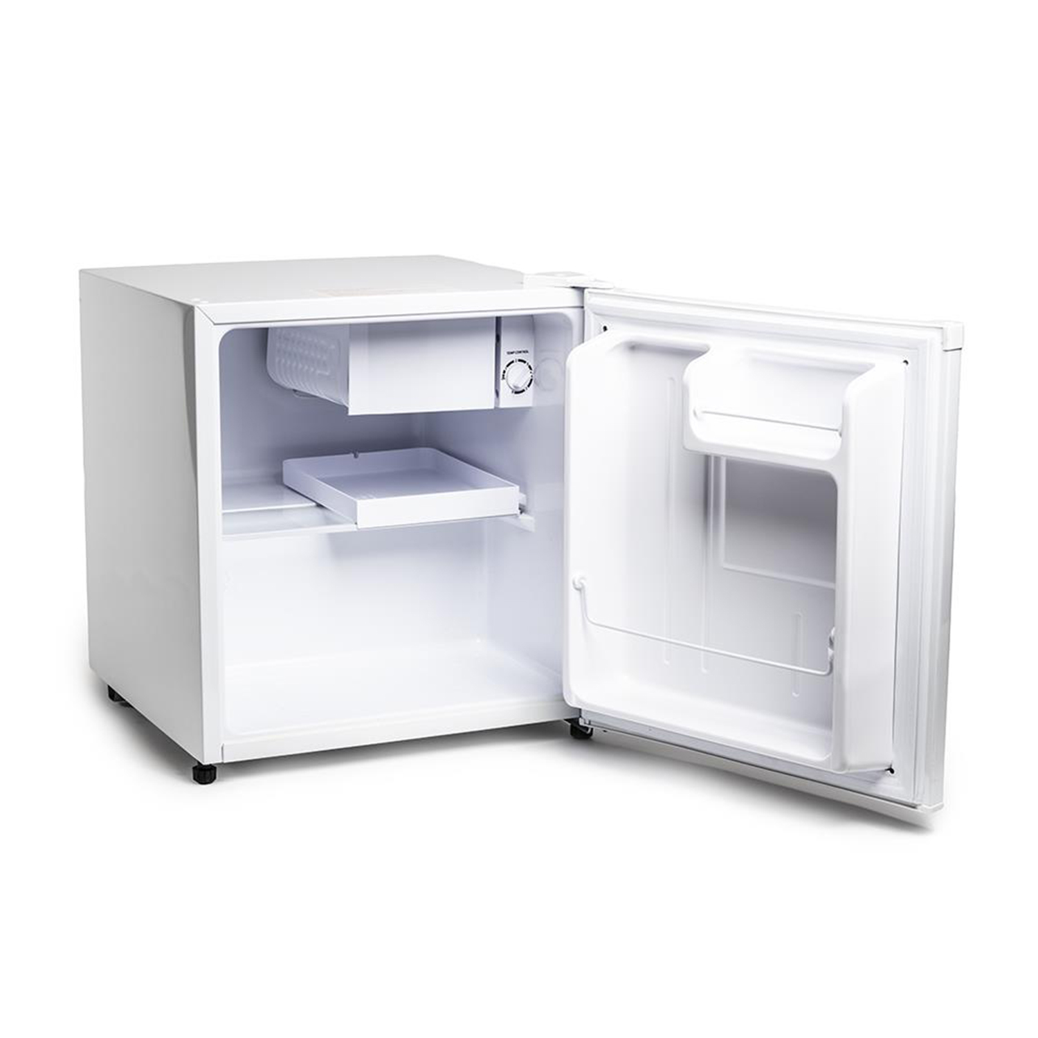 Un mini frigo bianco con la porta aperta. L'interno del frigo è visibile.