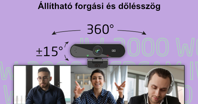 Webkamera, szöveggel és emberekkel a kép alsó részén, lila háttérrel.