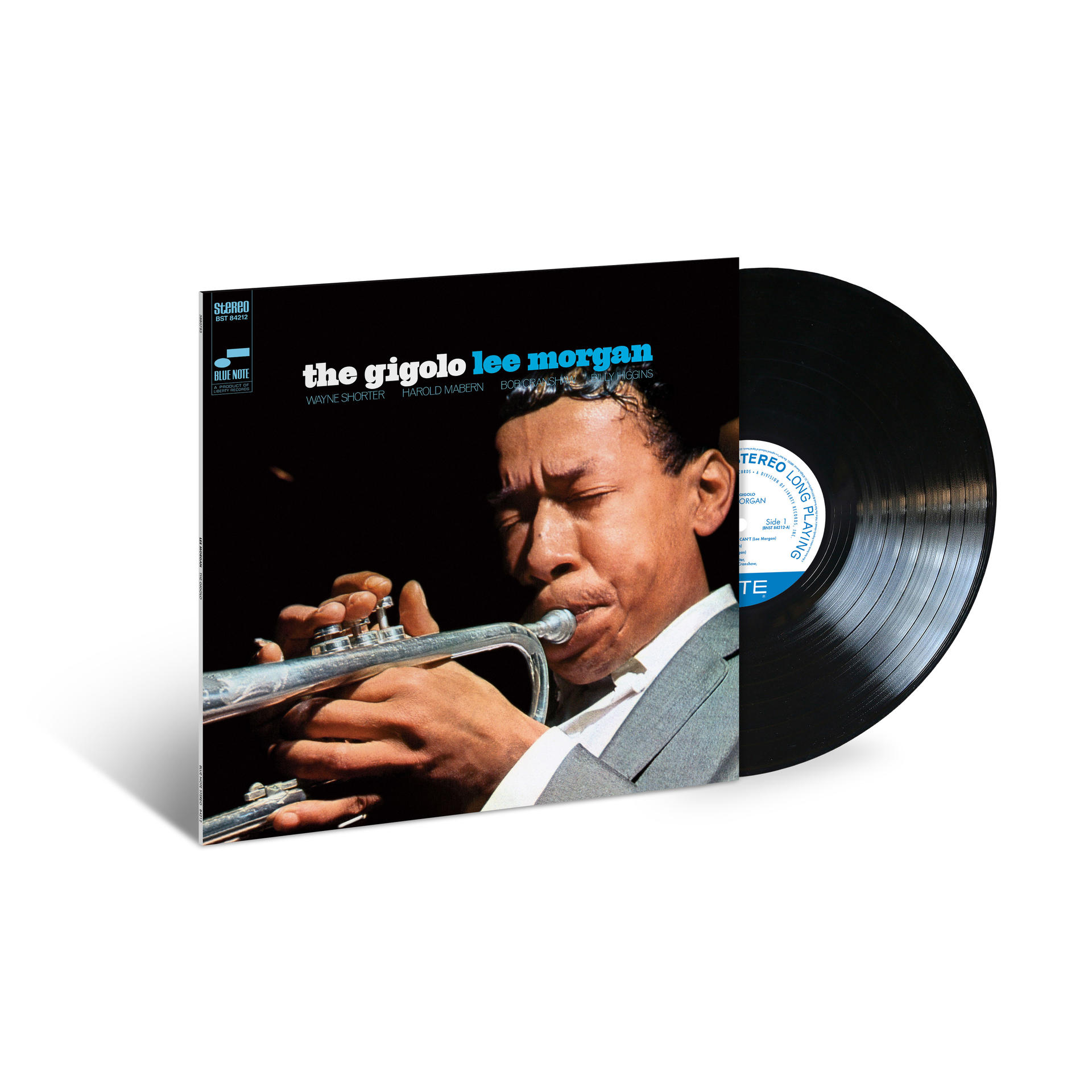 Ein Vinyl-Albumcover mit einem Jazzmusiker, der Trompete spielt.