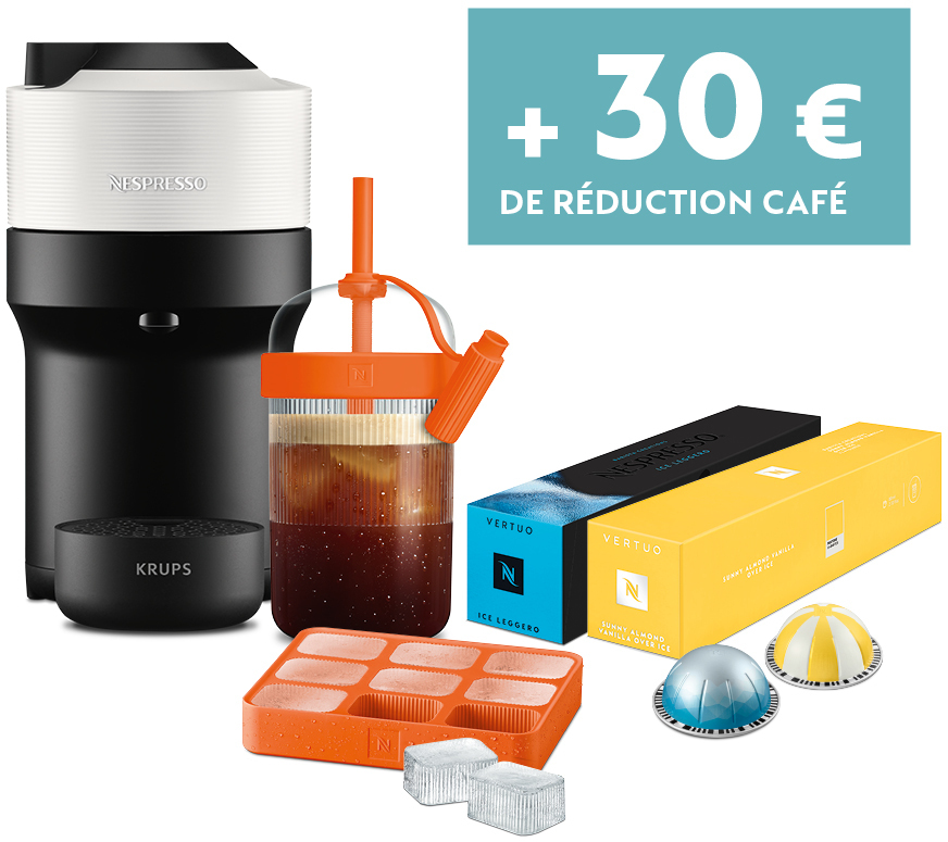 Machine à café Nespresso et accessoires. Comprend des dosettes, des moules à glace et une tasse réutilisable.