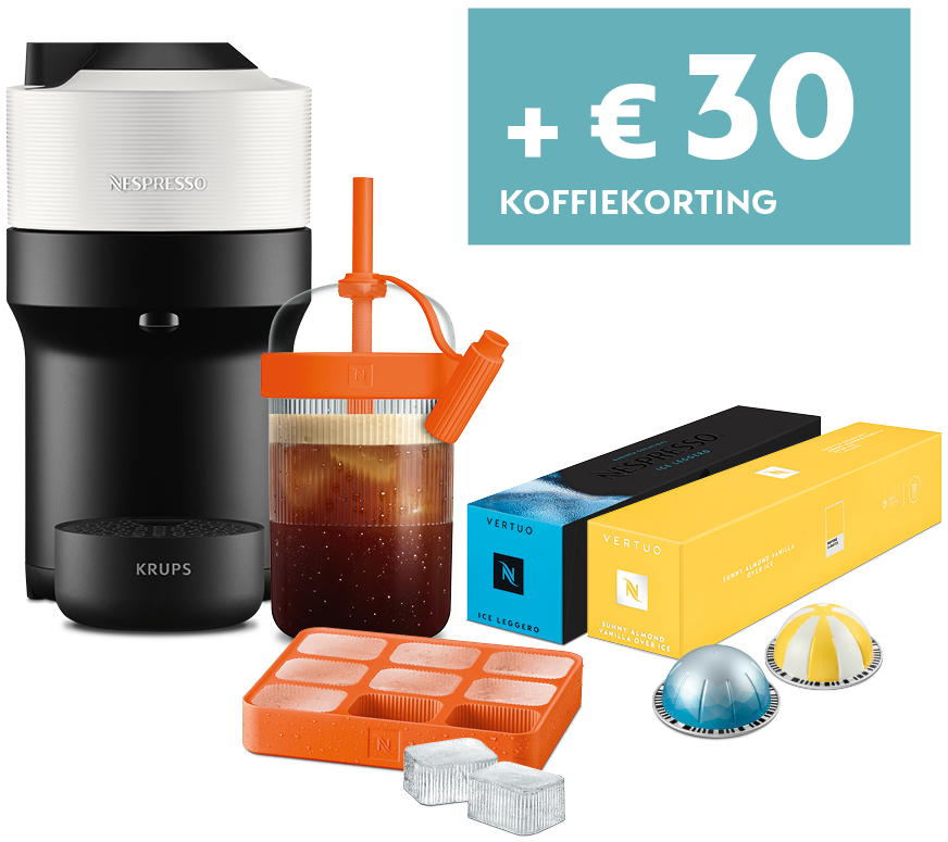 A Nespresso coffee machine with accessories. Includes ice, cups, and capsules.