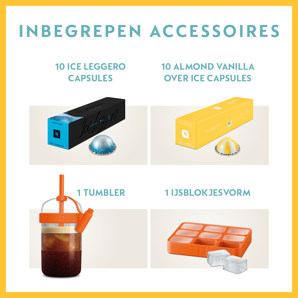 Nespresso capsules and accessories. It includes: 10 Ice Leggero capsules, 10 Almond Vanilla capsules, a tumbler.