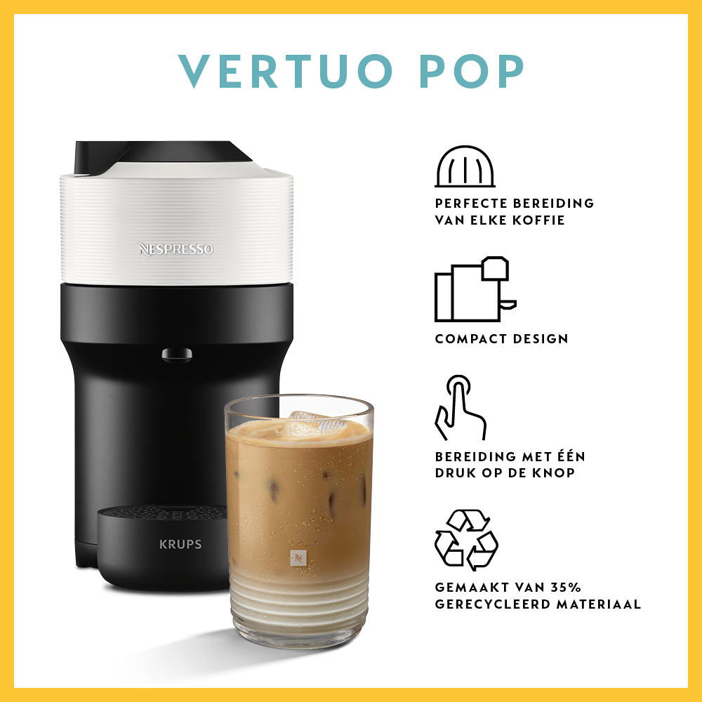 A black and white Nespresso Vertuo Pop coffee machine with a glass of iced coffee next to it.