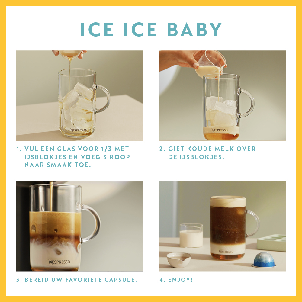 Four-panel image: making iced coffee. Pouring ingredients into a glass.