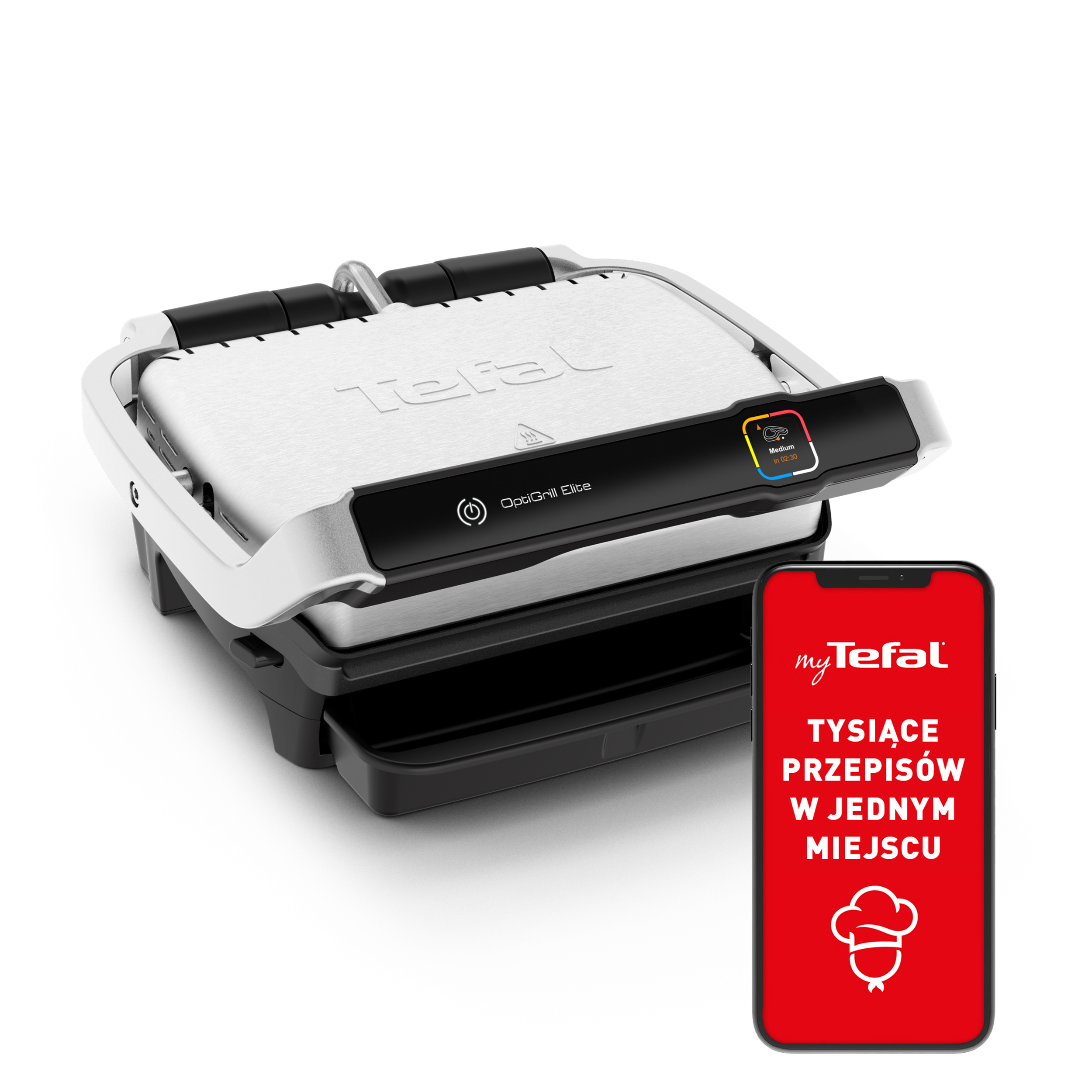 Tefal OptiGrill Elite z telefonem pokazującym przepisy. Jest czarny i srebrny.