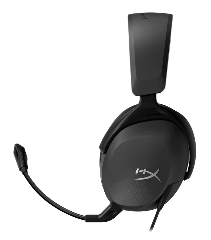 Czarne słuchawki do gier HyperX z mikrofonem. Na białym tle widoczne nauszniki i pałąk.